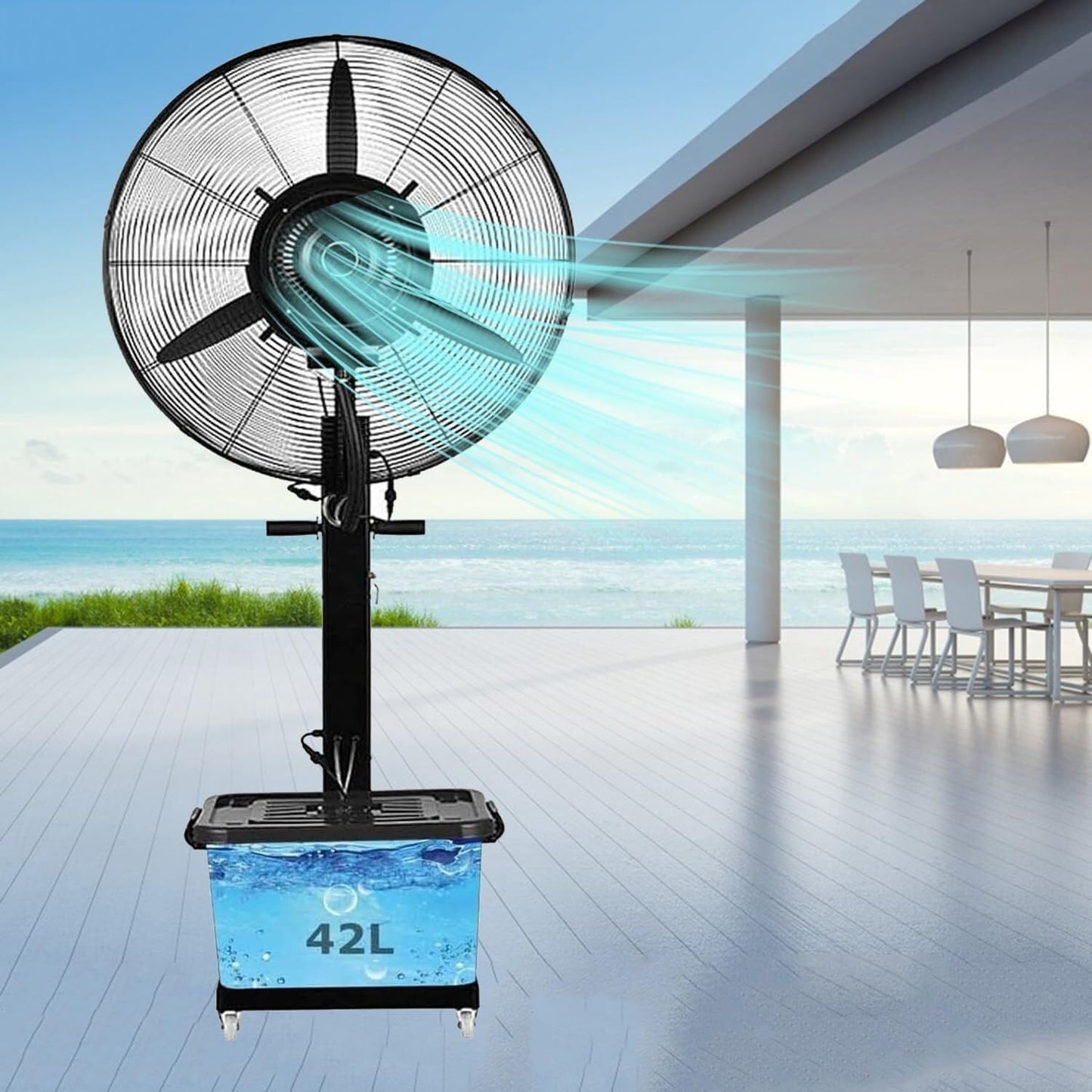 Eagleize 320W Industrial Outdoor Misting Pedestal Fan High Velocity Oscillating Fan with 3 Speed Moving Standing Fans W\/Standalone Misters Tank Easy to Clean Space Cooling(320W\/26in)