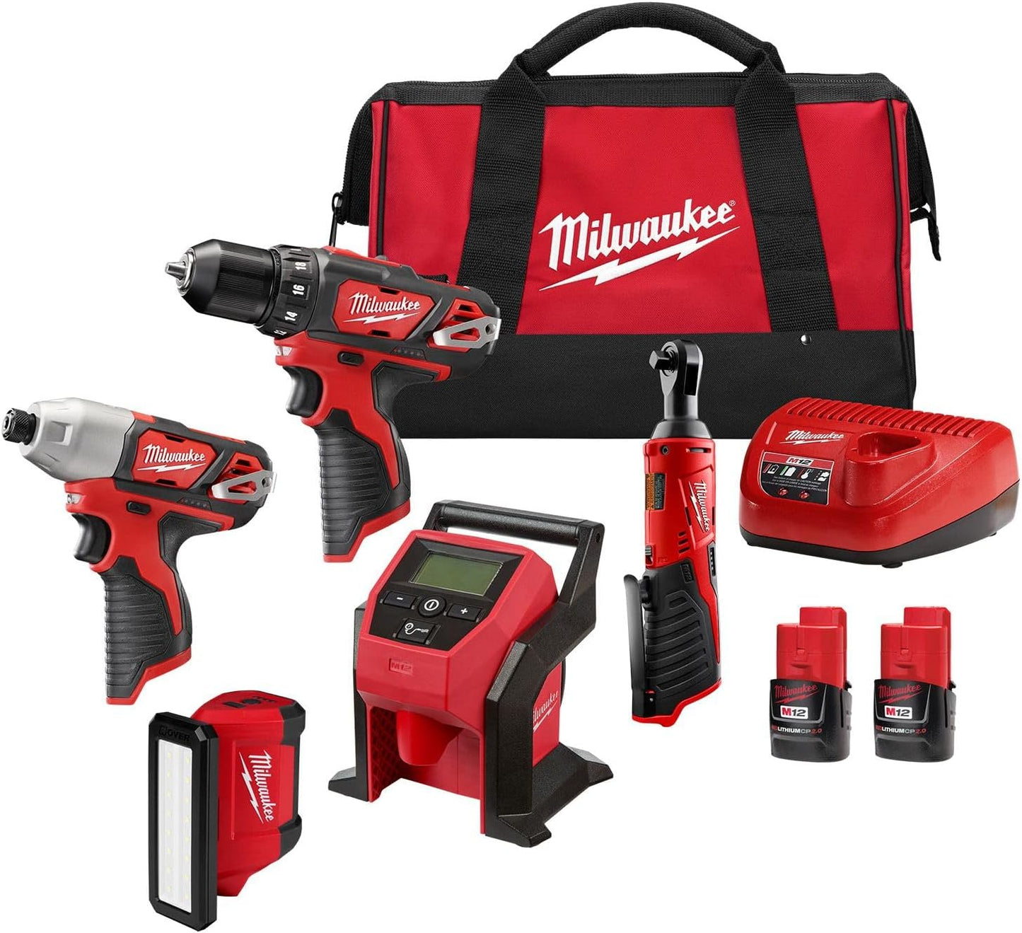 Milwaukee 2494-25 M12 5-Tool Combo Kit - Drill, Driver, Ratchet, Inflator, Light, (2) 2.0ah batteries, charger, and Tool Bag