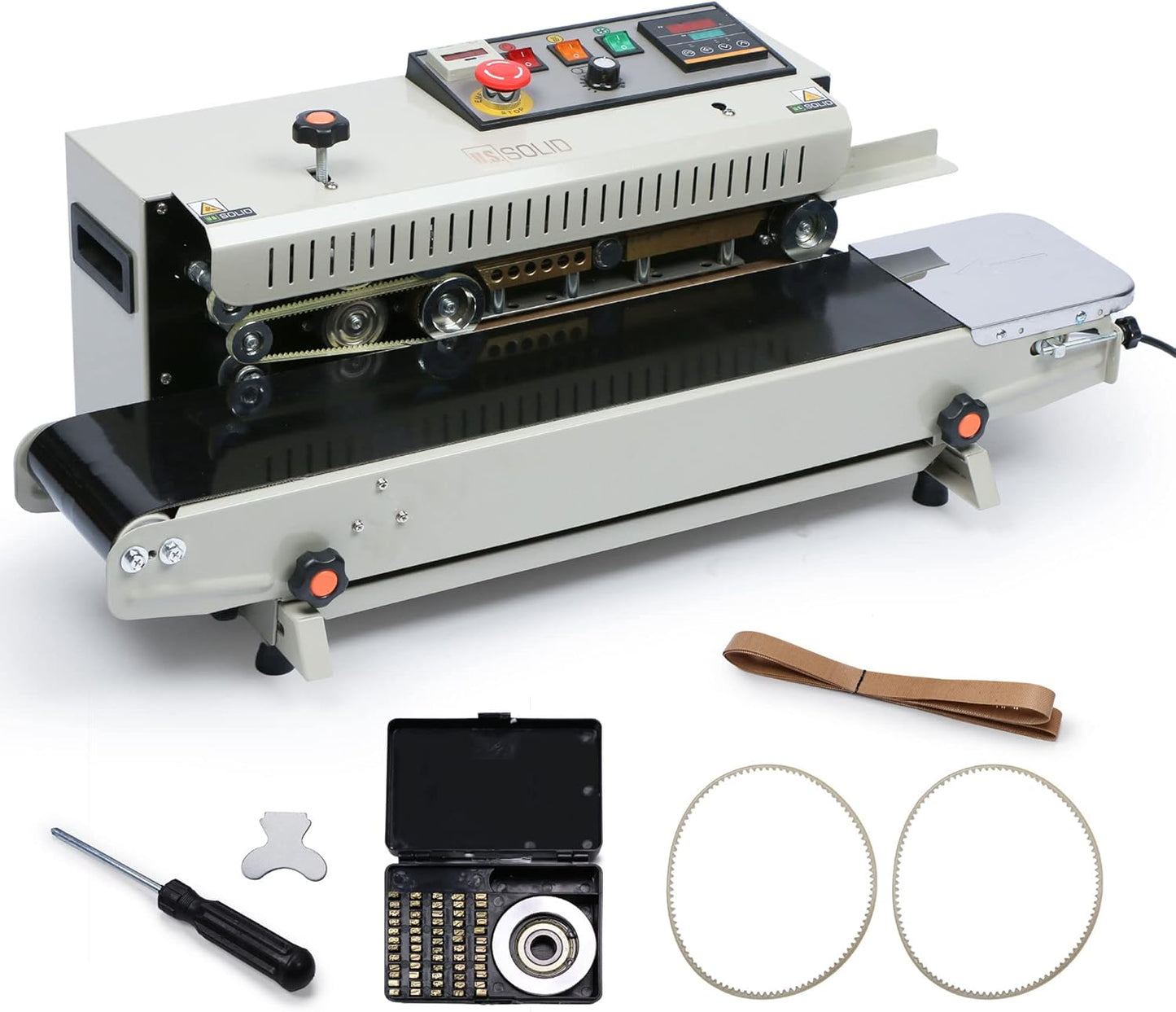 U.S. Solid Continuous Bag Band Sealer Sealing Machine, Automatic Horizontal Band Sealer with Digital Temperature Control for 0.02-0.08mm PVC Bags Films Stamp Coding 110V/60HZ