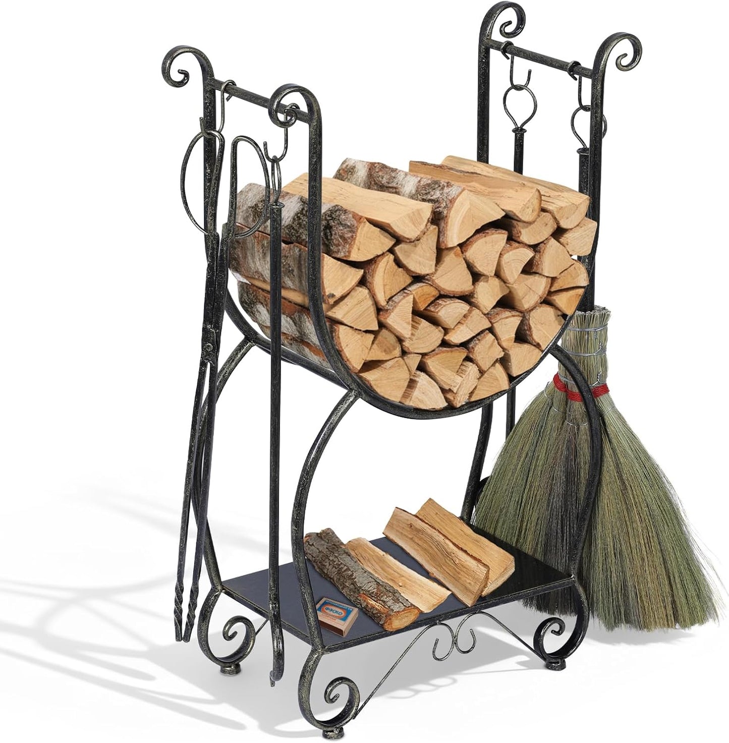 Metal Firewood Rack Set with 4 Fireplace Tools Black Copper Log Holder Adjustable Stacker Stand for Indoor Outdoor Use