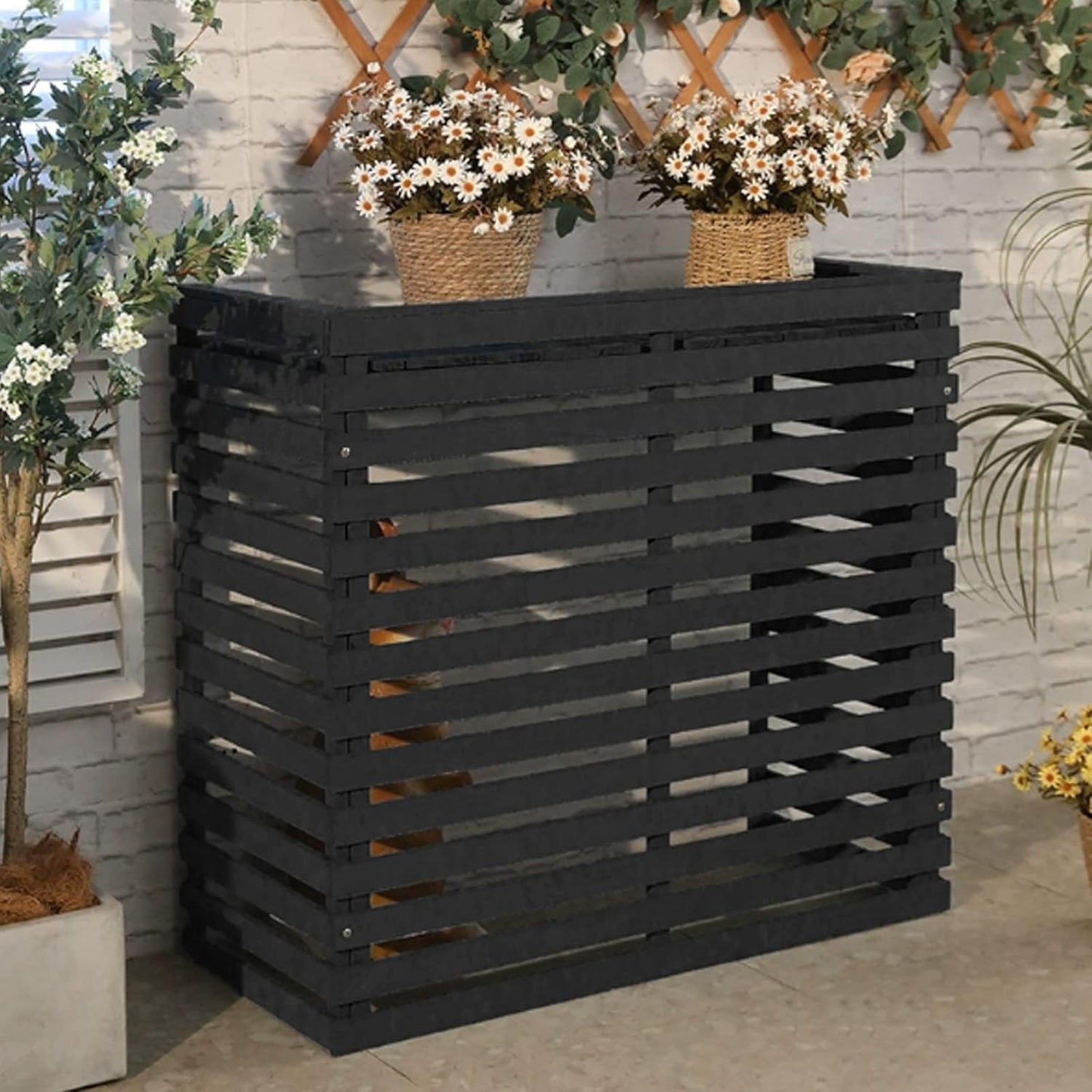 Outdoor Wooden Air Conditioner Cover, Wood Grille with Ventilation & Lock, Dustproof Air Conditioner Rack (Black)