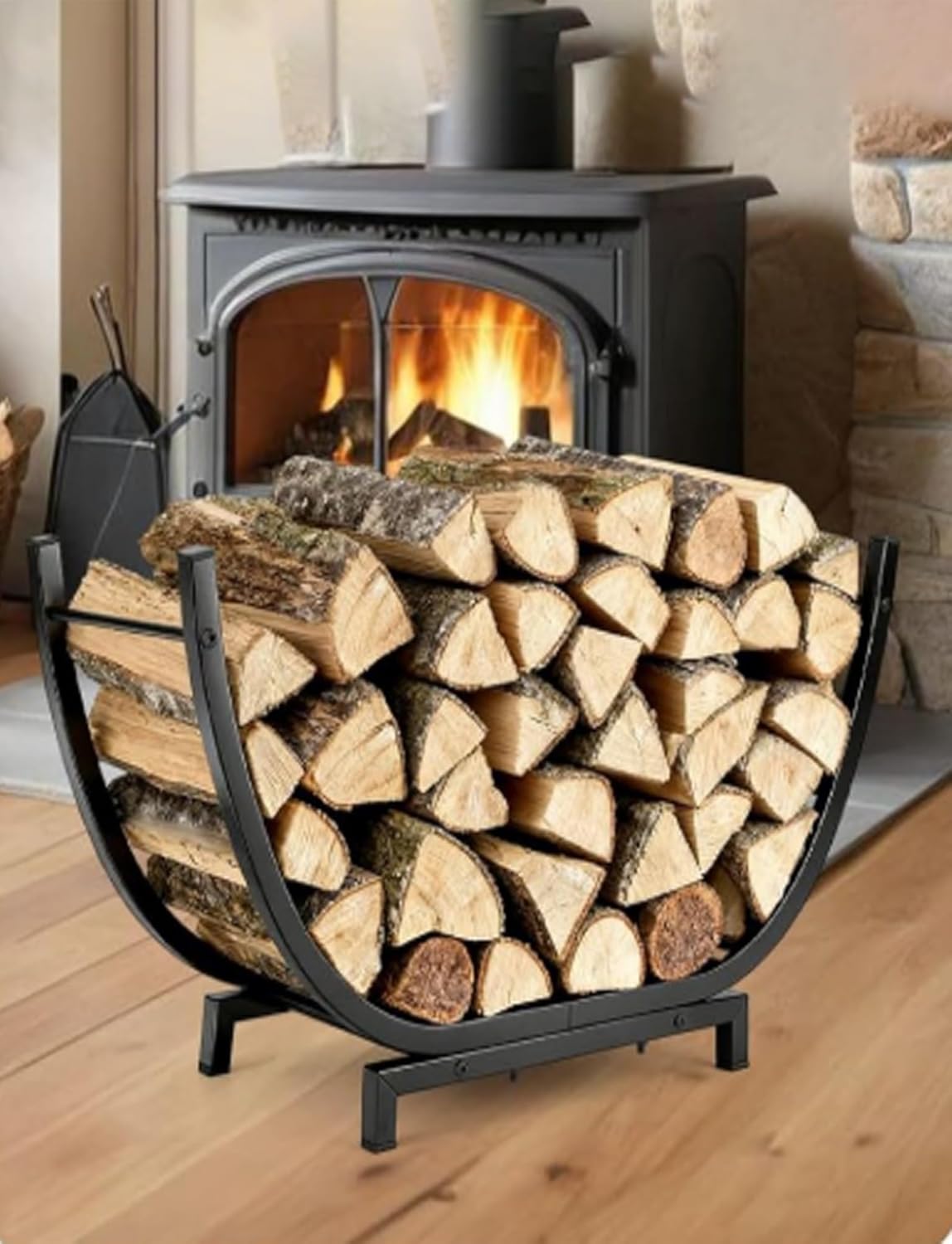 Firewood Rack Outdoor Indoor, 30" Firewood Storage Holder, Stable Log Holder and Metal Fireplace Decor Organizer Space Saving