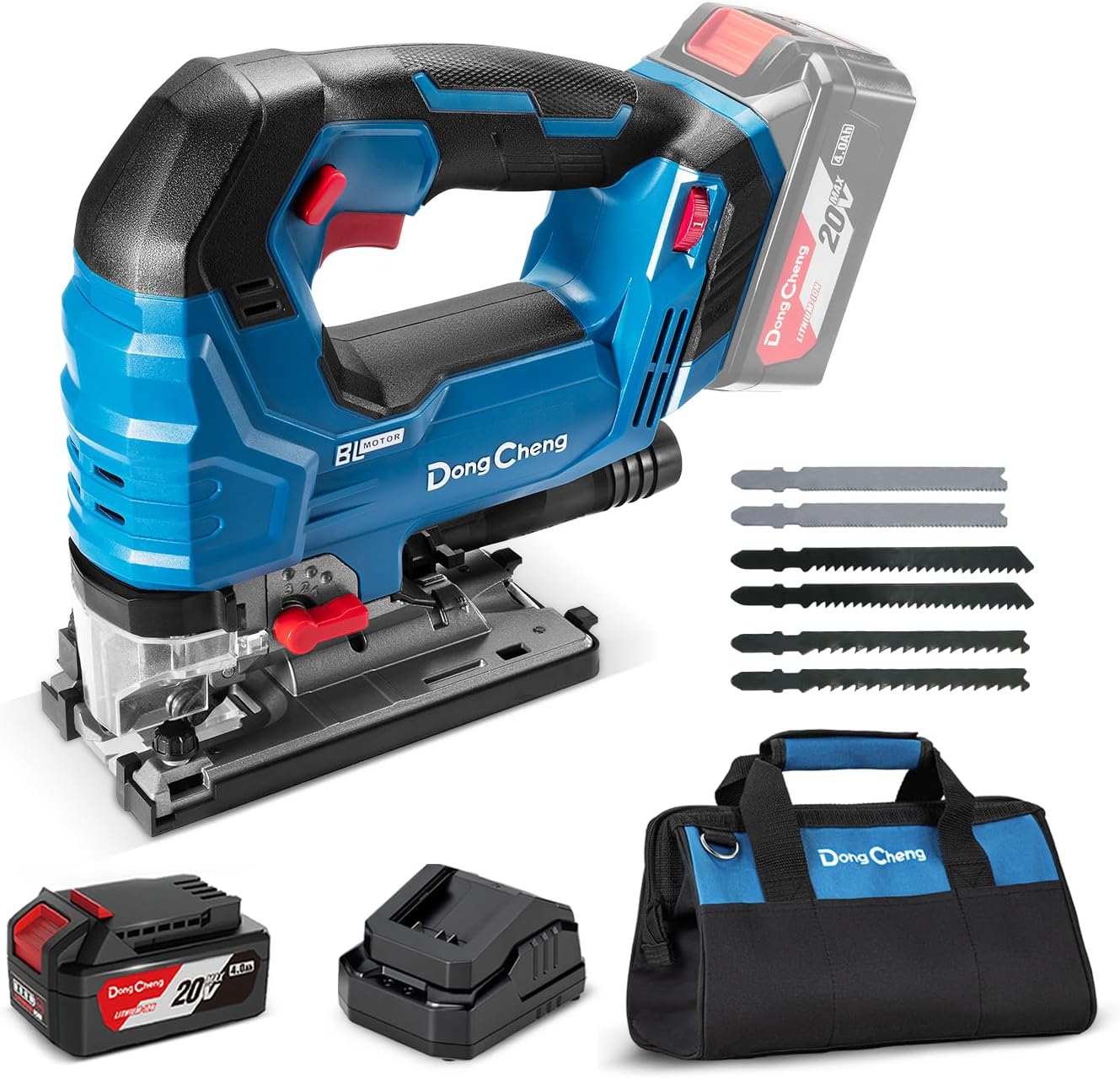 Dong Cheng 20V Brushless Jigsaw, 26mm Stroke, 800-3500 SPM, 0-45° Bevel, 6-Speed, Orbital Action, Dual LED, Dust Blower, with 4Ah Battery, Charger, 6 Blades, Guide Rail & Tool Bag