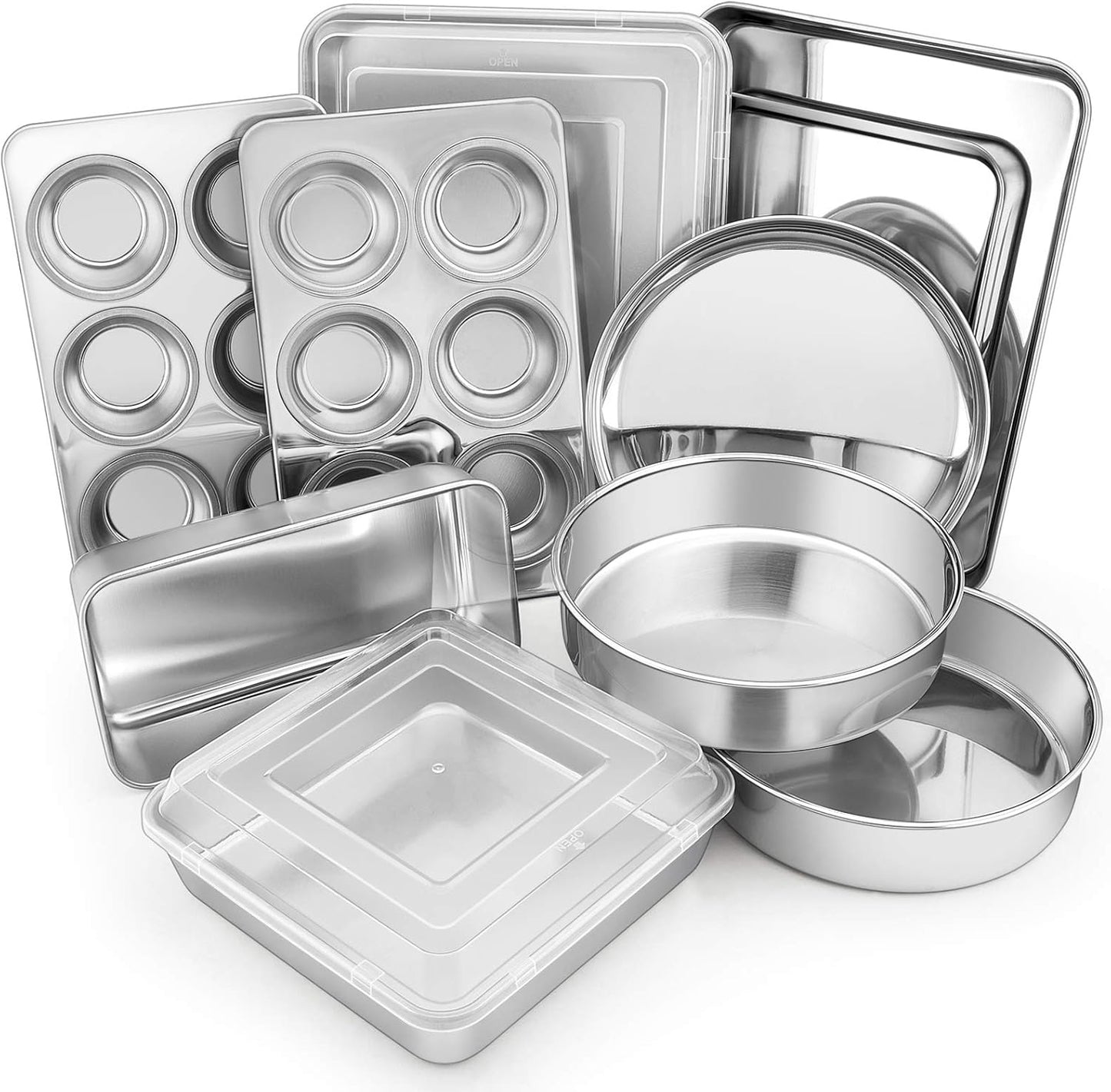 E-far 12-Piece Stainless Steel Bakeware Sets, Metal Baking Pan Set Include Round Cake Pans, Square\/Rectangle Baking Pans with Lids, Cookie Sheet, Loaf\/Muffin\/Pizza Pan, Non-toxic & Dishwasher Safe