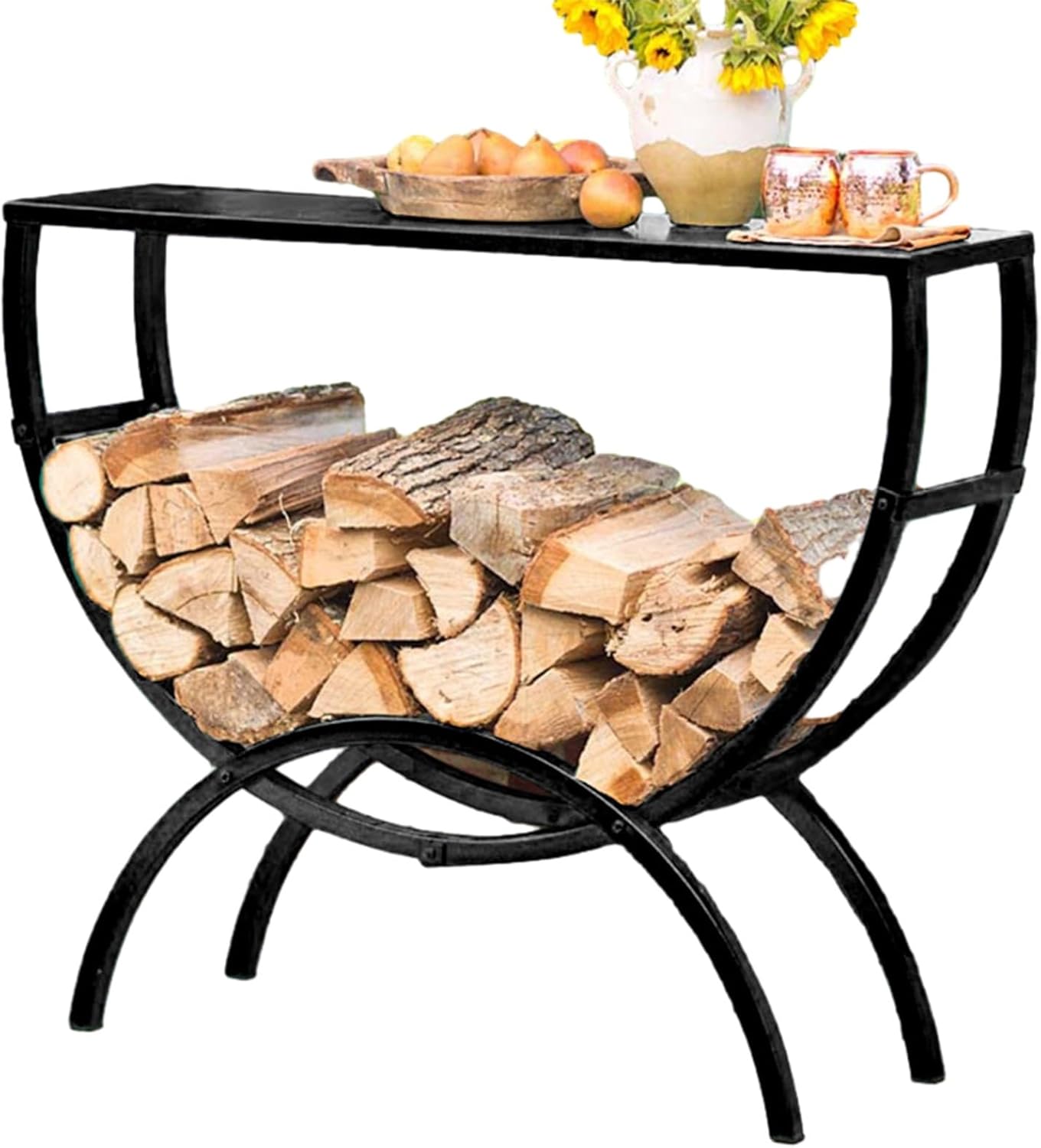 Outdoor Firewood Rack Black 108x64.5x77 cm with Ventilation Metal Shelf Solid Wood Pine Log Storage Holder for Indoor and Outdoor Use
