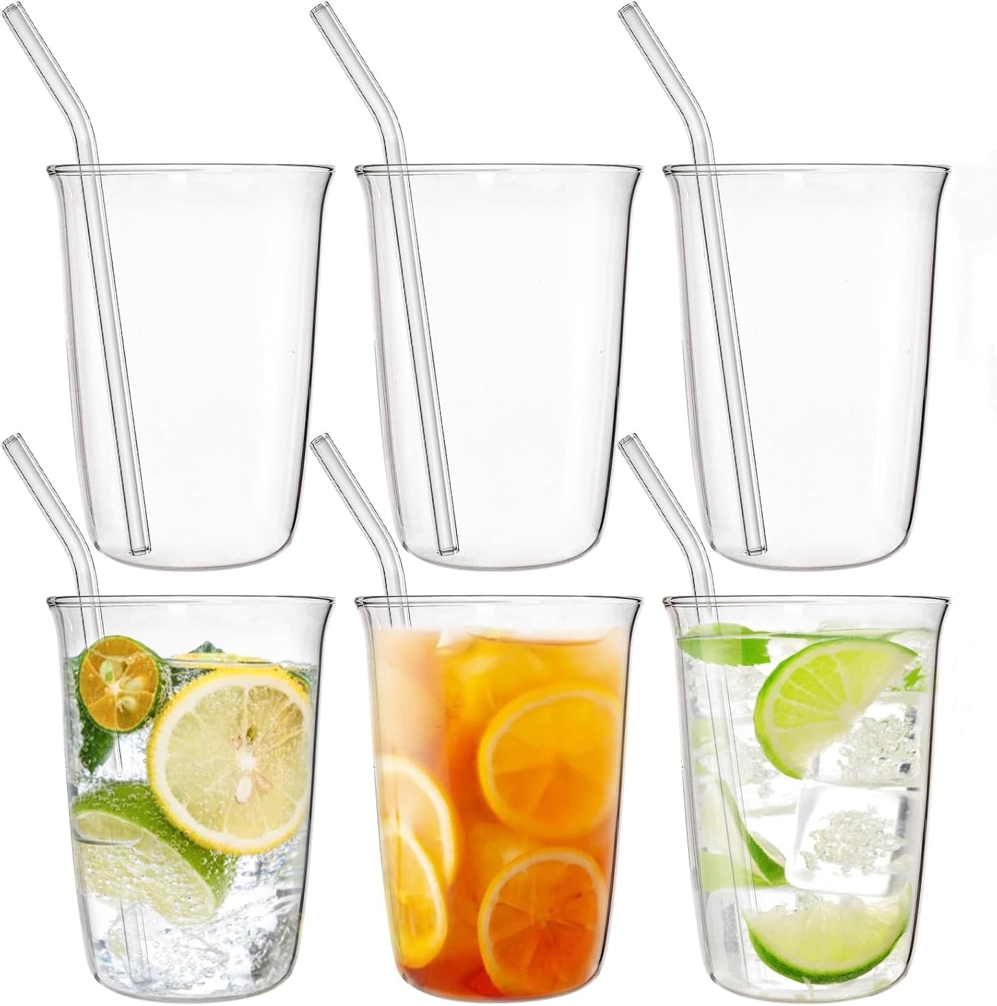 6 Piece Drinking Glasses, 16 Oz Clear Water Glass Set with Straws, Lead-free Highball Glass Cup Kitchen Glassware for Juice, Beverage, Cocktail, Ice Tea, Coffee, Soda