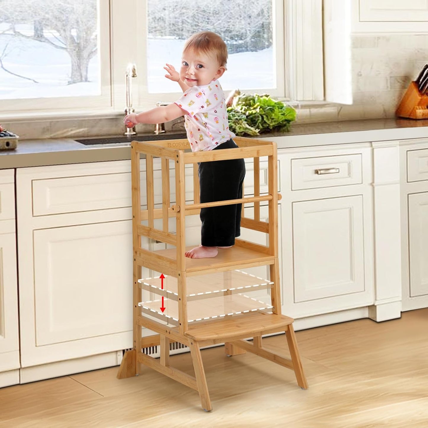 COSYLAND Toddler Standing Tower - Adjustable Height Toddler Kitchen Stool Helper - Kids Kitchen Step Stool for Learning with Removable Safety Railing Natural