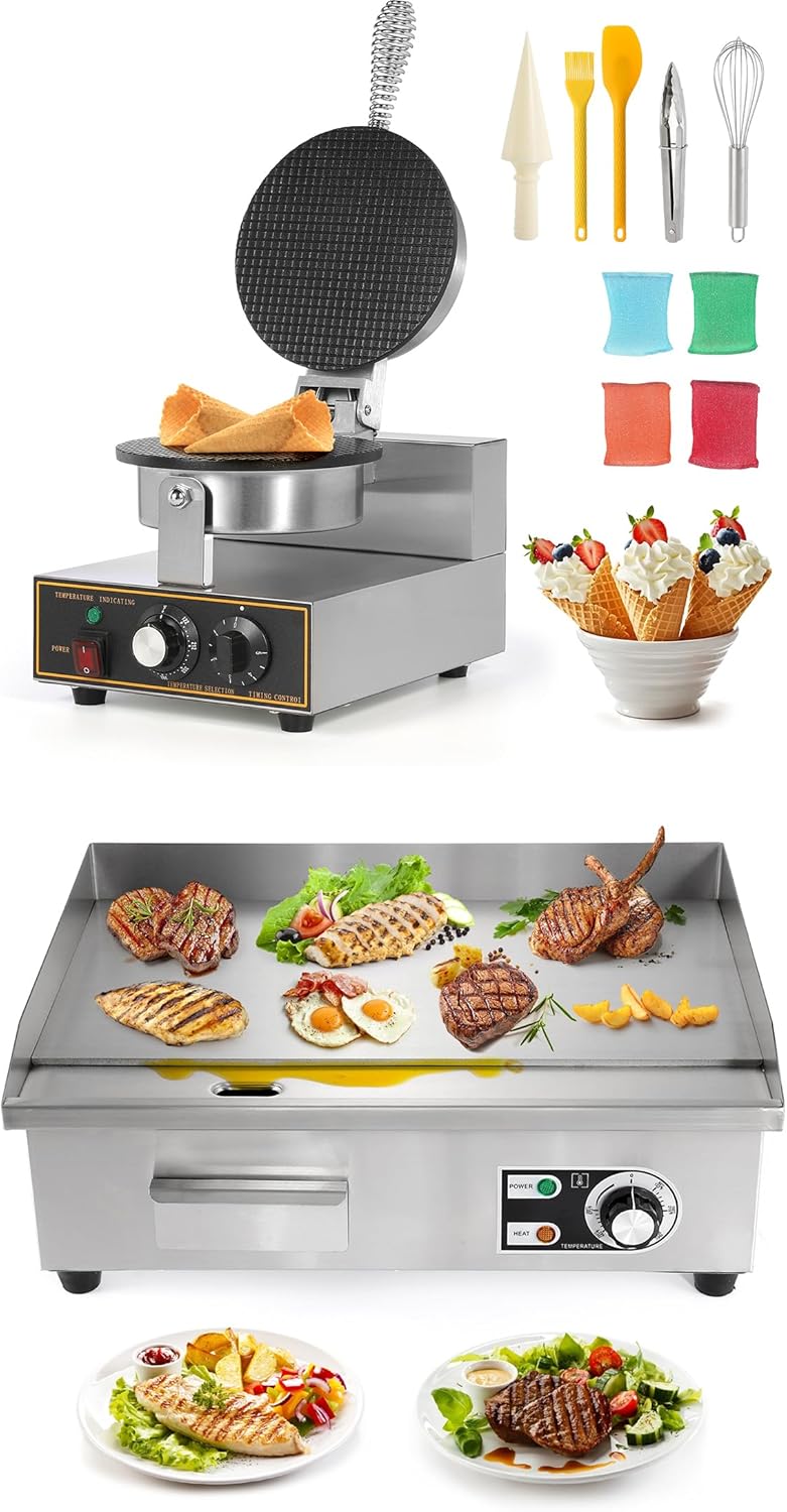 Dyna-Living 1200W Waffle Cone Maker & 3000W Commercial Electric Griddle 22''