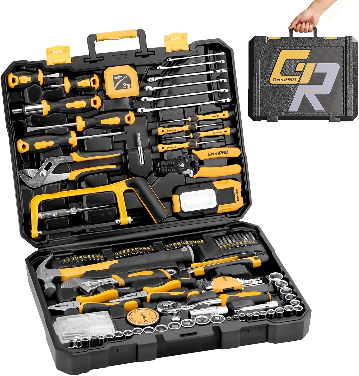 218 Piece Tool Kit for Home, Tool Box with General Household Hand Tools Set, Herramientas with Screwdrivers, Wrenches, Hammer, Bow Saw, Folding Work Lamp, Electric Pen and Other Basic Tool Kit