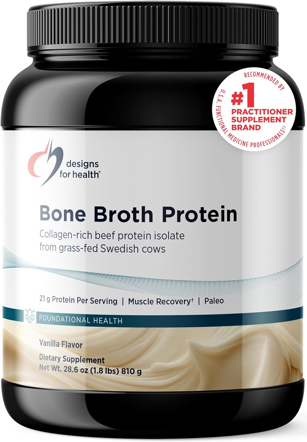 Designs for Health Bone Broth Protein Powder \u2013 21g Grass-Fed, Collagen-Rich Beef Protein Isolate \u2013 Vanilla, Paleo, Non-GMO, Dairy-Free (30 Servings \/ 810g)