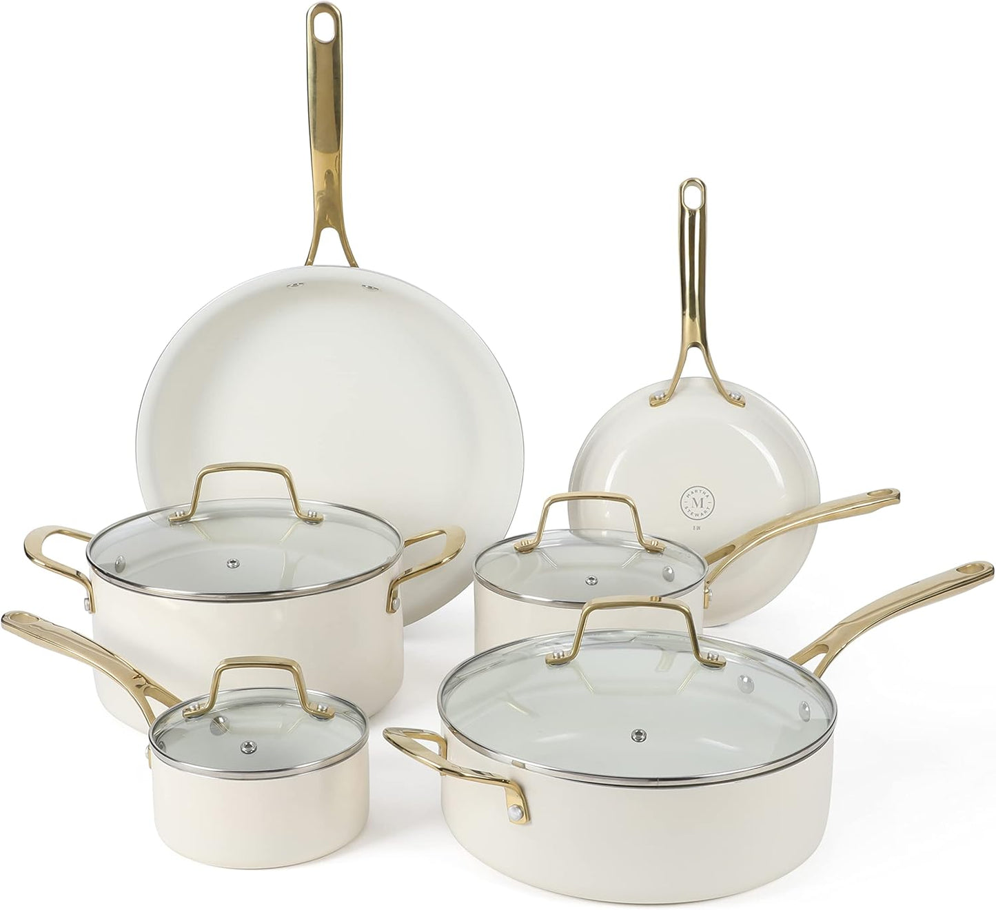 Martha Stewart Lockton Premium Non stick Non Toxic PFA Free Ceramic Interior 10 Piece Heavy Gauge Enamel Aluminum Pots and Pans Cookware Set - Linen White w\/Gold Handle
