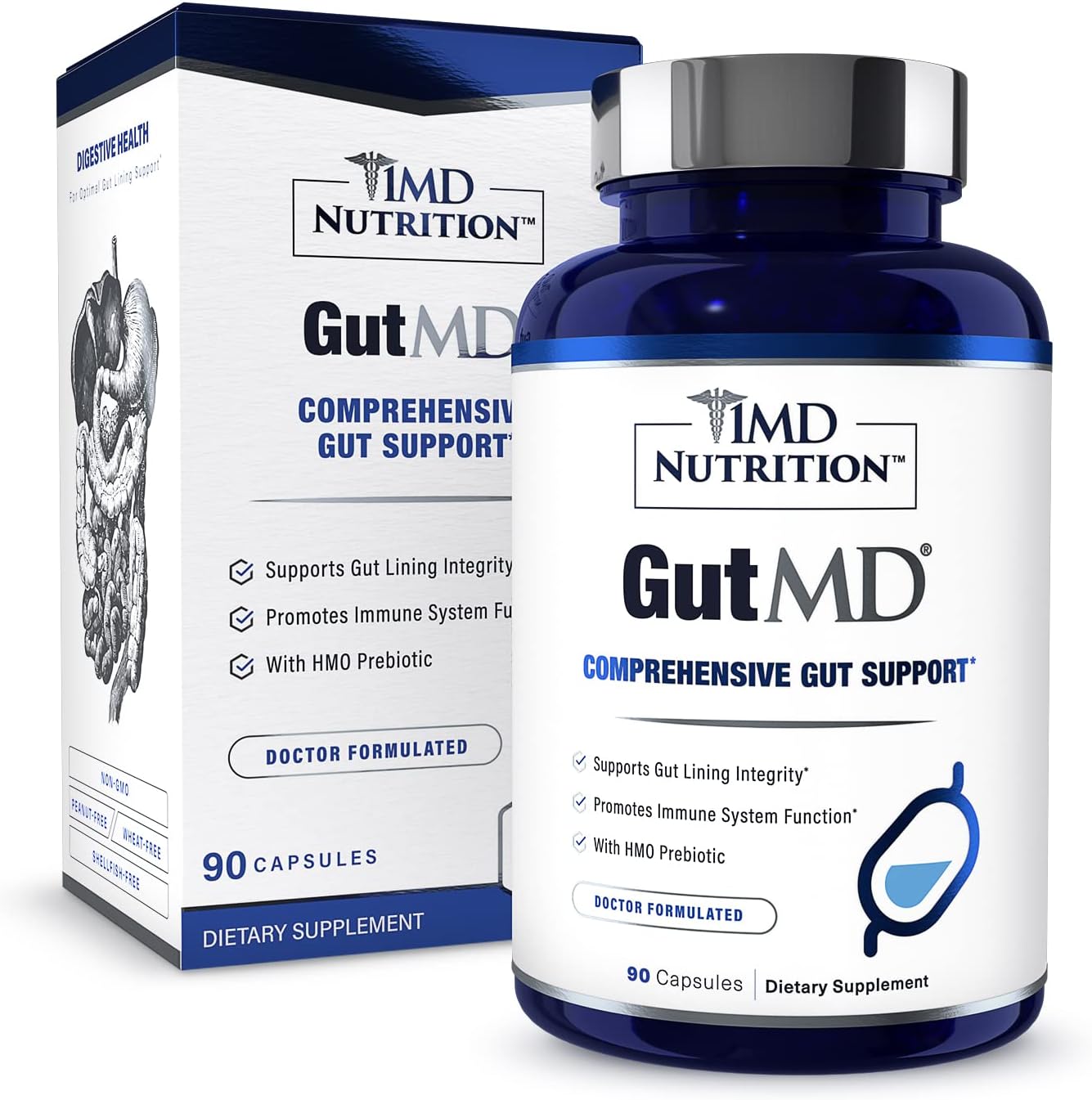 1MD Nutrition GutMD - L-Glutamine Capsules w\/Prebiotic for Gut Health - L Glutamine Supplement - Supports Healthy Digestive Tract Integrity - 90 Capsules