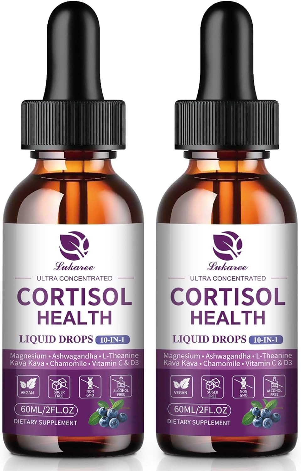Cortisol Supplement Liquid Drops, 10 in 1 Hormone Balance for Women Men with Magnesium, Ashwagandha, L-theanine, Rhodiola - Lower Cortisol, Mood, Focus, Sleep Support - 2 Pack, Blueberry Flavor