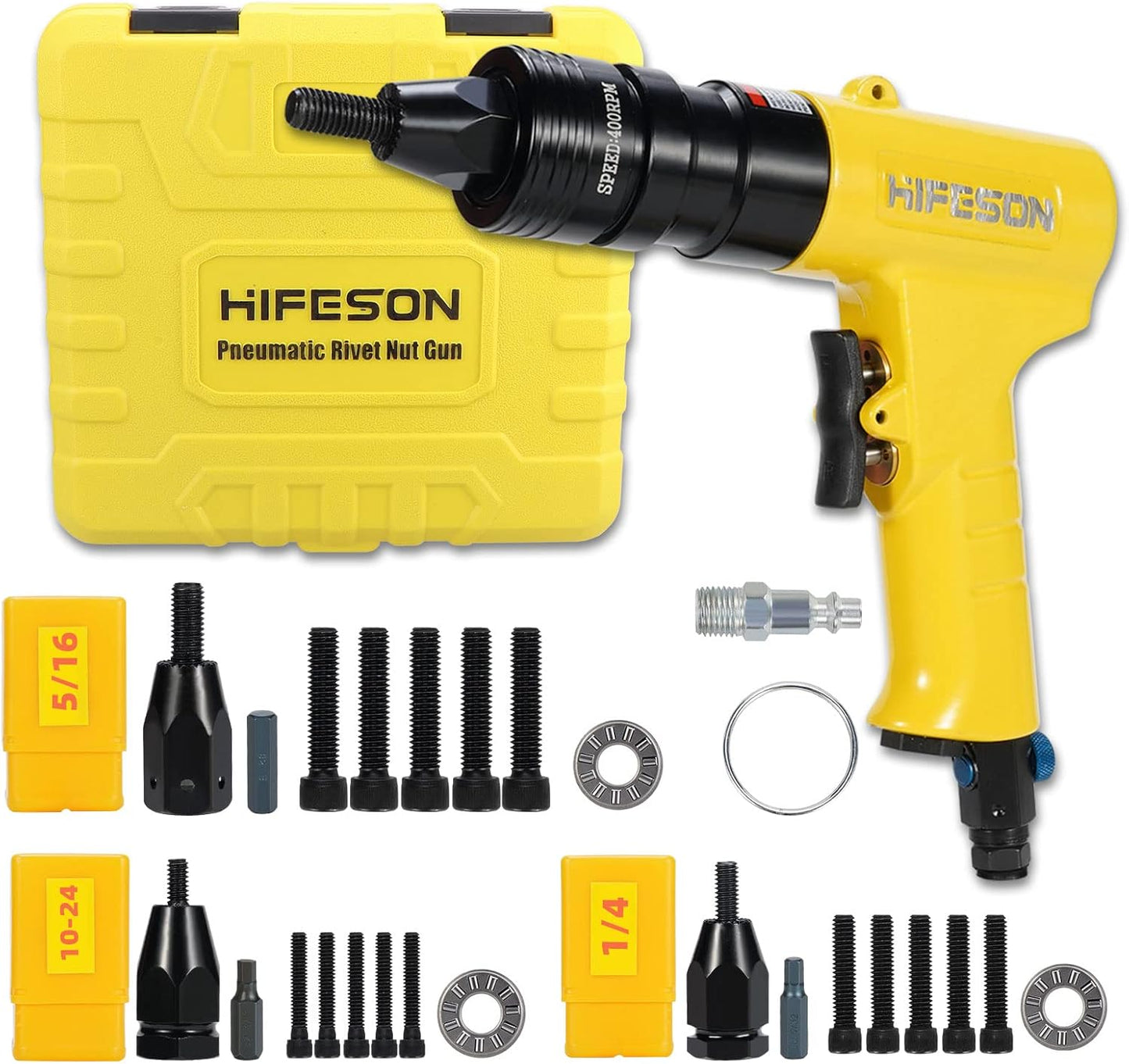 HIFESON Pneumatic Rivnut Gun with 10-24 & 10-32 & 8-32 Self-Locking Head Gun,Quick-Change Mandrels,Industrial Grade Adjustable Speed Pneumatic Thread Insert Tool