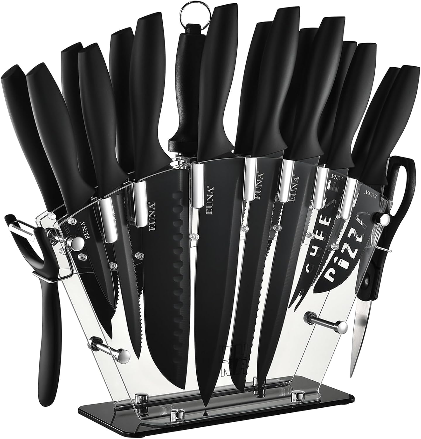 EUNA Kitchen Knife Set, 19 PCS Black Knife Set with Acrylic Block and Sharpener, German High-Carbon Stainless Steel Knife Sets with 6 Serrated Steak Knives, Bread Knife, Chef Knife, Dishwasher Safe