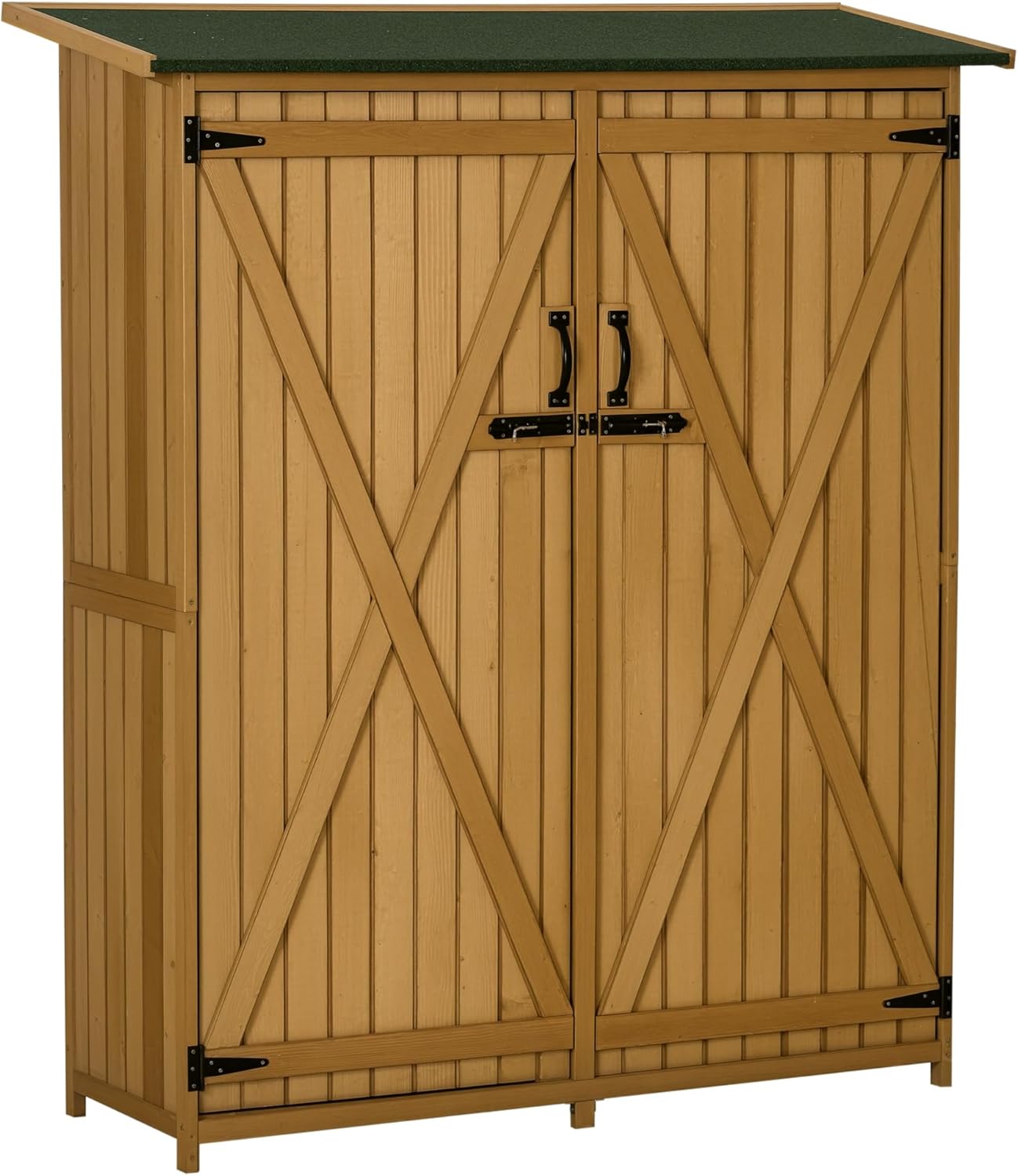 Outsunny Outdoor Storage Cabinet Wooden Garden Shed Utility Tool Organizer with Waterproof Asphalt Rood, Lockable Doors, 3 Tier Shelves for Lawn, Backyard, Natural