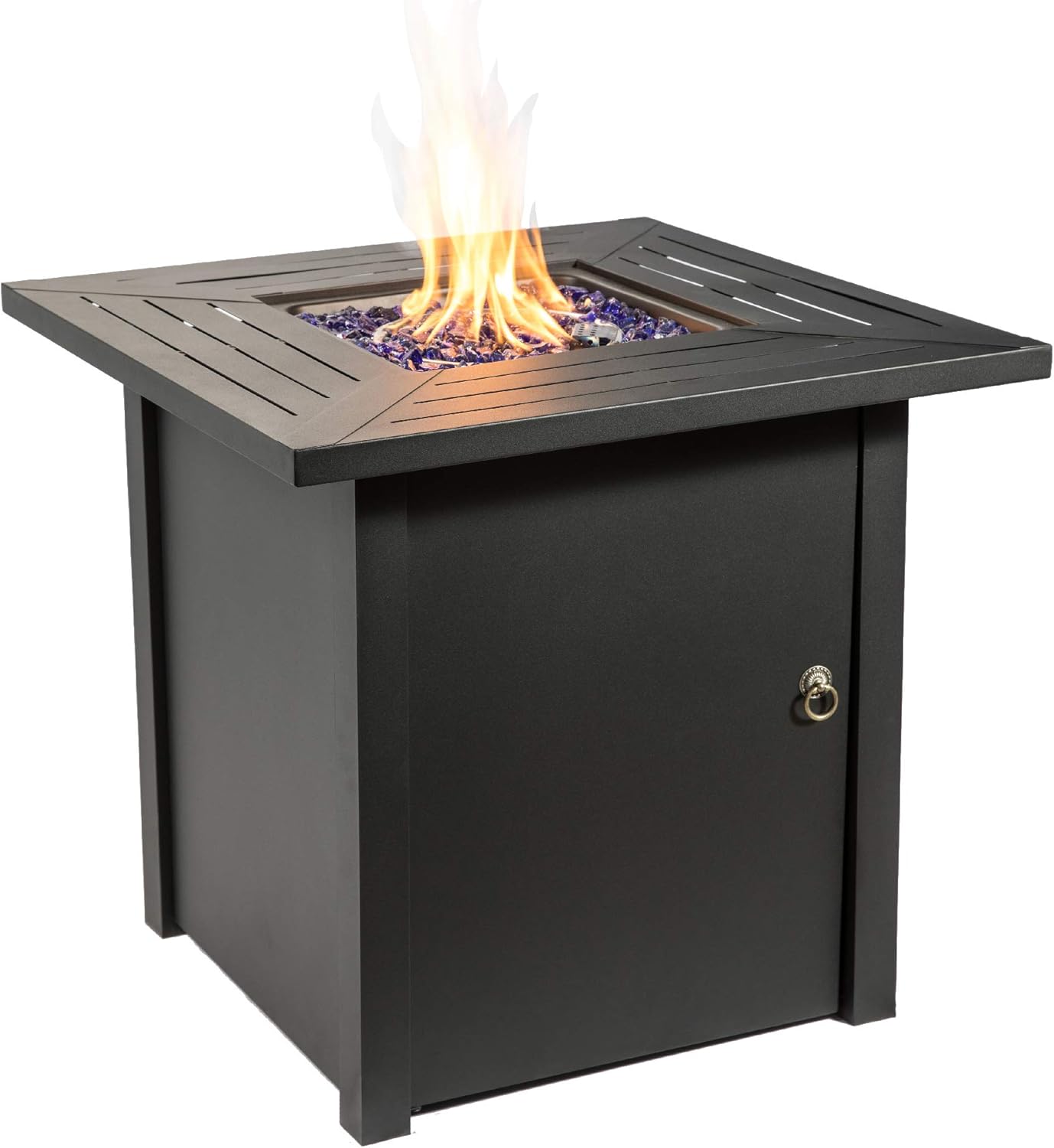 Teamson Home 40,000 BTU Square Outdoor Fire Pit Table Outside Propane Gas Firepit with Steel Tabletop and Base, 11 Pounds Glass Rocks, Lid, and PVC Cover for Patio Deck Backyard, 30 Inch, Black