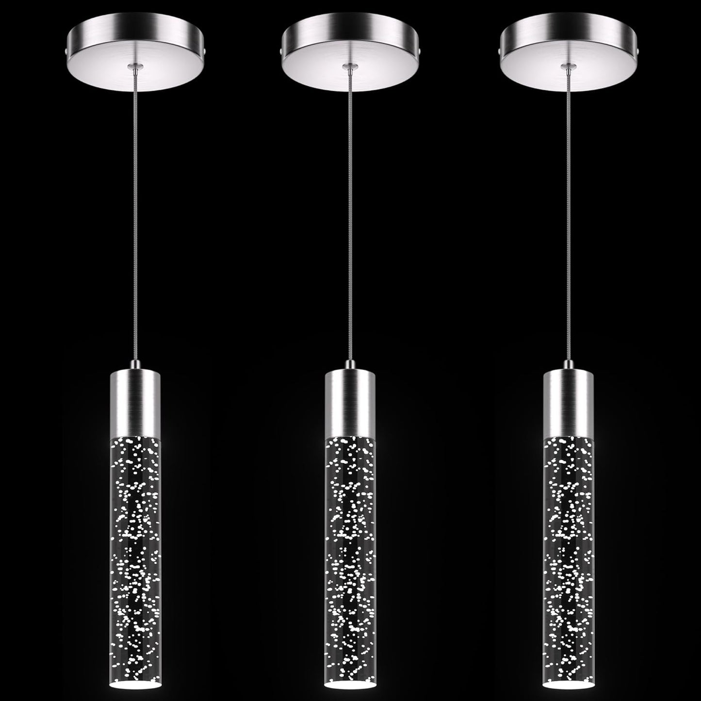 Esfos Pendant Lights Kitchen Island 3 Pack, 6500K Modern Kitchen Island Lights Ceiling Lighting Fixtures with Crystal Bubble, Integrated LED Cold White Hanging Light Dining Room Light Brushed Nickel