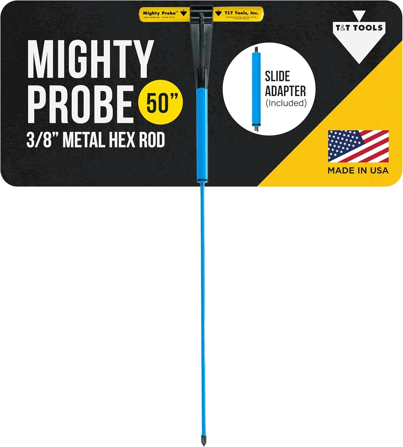 T&T Tools Mighty Probe With Slide Adapter -Insulated Metal Soil Probe, Hammer Probe, T-Handle Steel Rods, (50 Inch Long Overall w/ 3/8" Hex Rod)