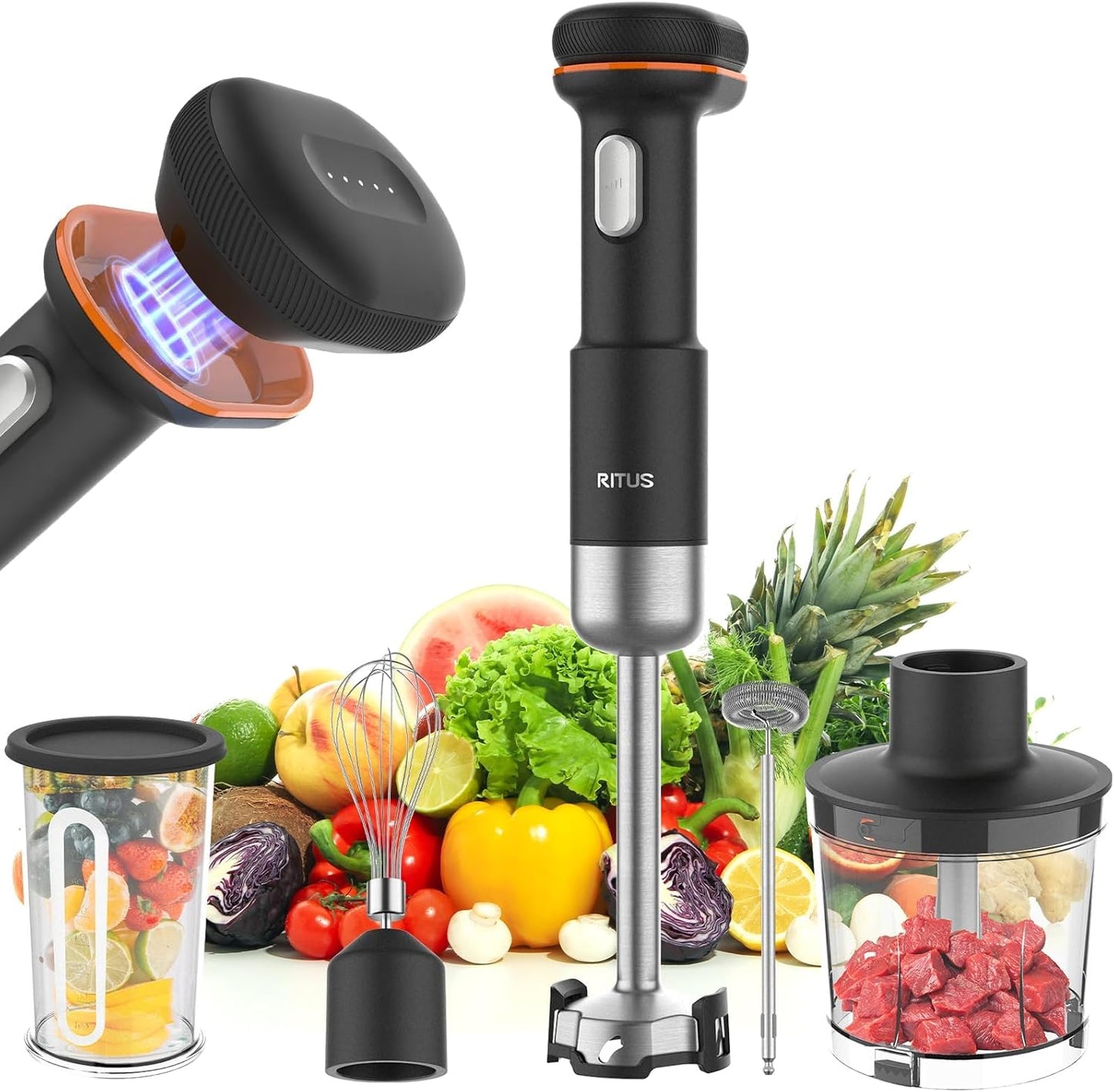 Cordless Stick Immersion Blender 5-in-1, Ritus 13000RPM Soup Blender Rechargeable Handheld Mixer For Baby Food & Smoothies, Variable Speed, Dishwasher-Safe, Mixing Beaker, Chopper, Whisk Milk Frother