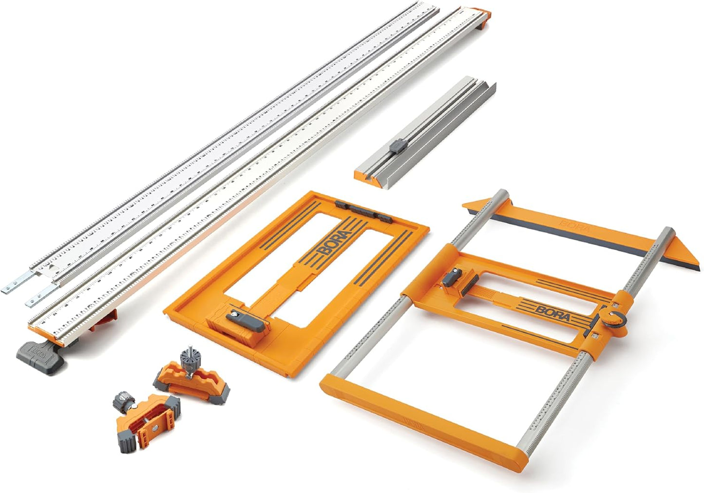 BORA 6-Piece NGX Premier Set for Making Precision Cuts, Includes 50" Clamp Edge, 50" Clamp Edge Extension, Saw Plate RT, Track Clamp Pair, T-Square Clamp Edge Accessory, Twin Rail Rip Guide, 544650