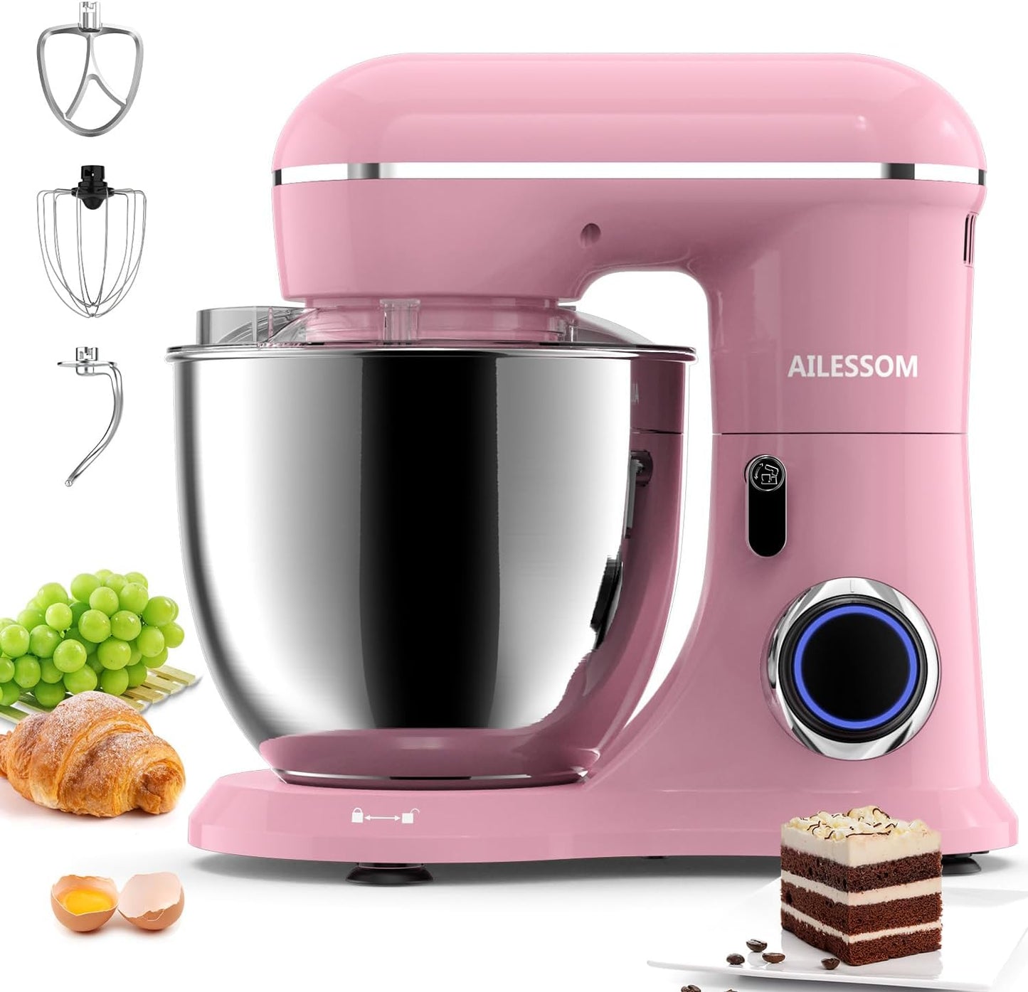 Ailessom Stand Mixer,6.5-QT 660W 10-Speed Tilt-Head Food Mixer, Kitchen Electric Mixer with Bowl, Dough Hook, Beater, Whisk for Most Home Cooks, (6.5QT, Sakura Pink), 1533P