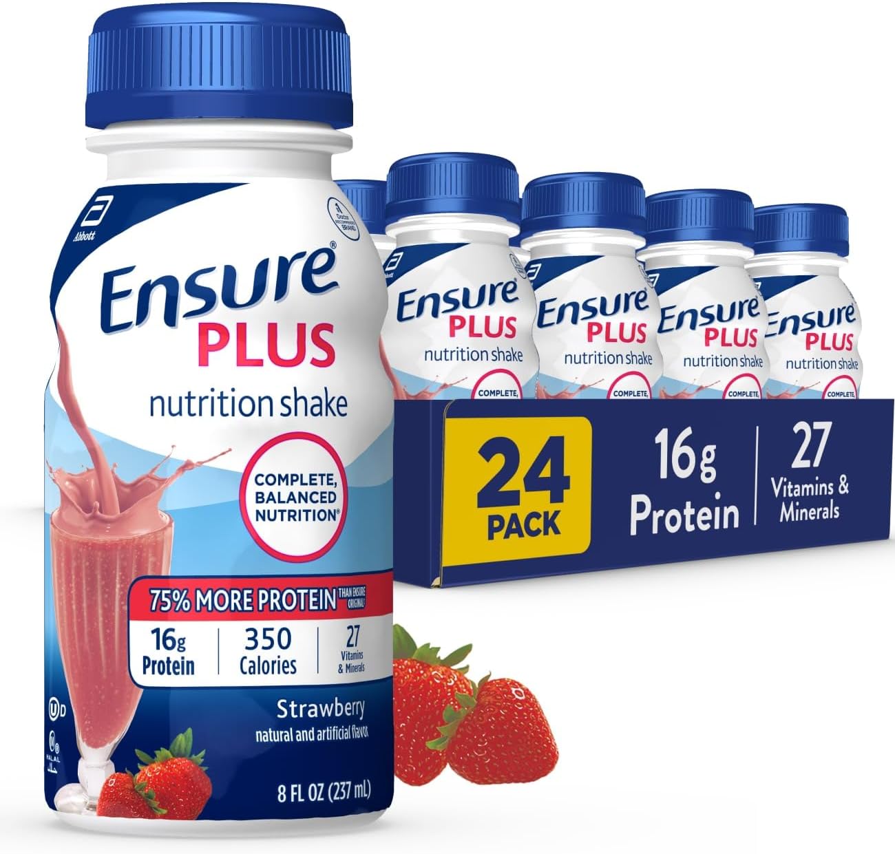 Ensure Plus Strawberry Nutrition Shake | Meal Replacement Shake | Ready To Drink | 16g Protein and 27 Vitamins and Minerals | 8 fl oz - 24 Pack