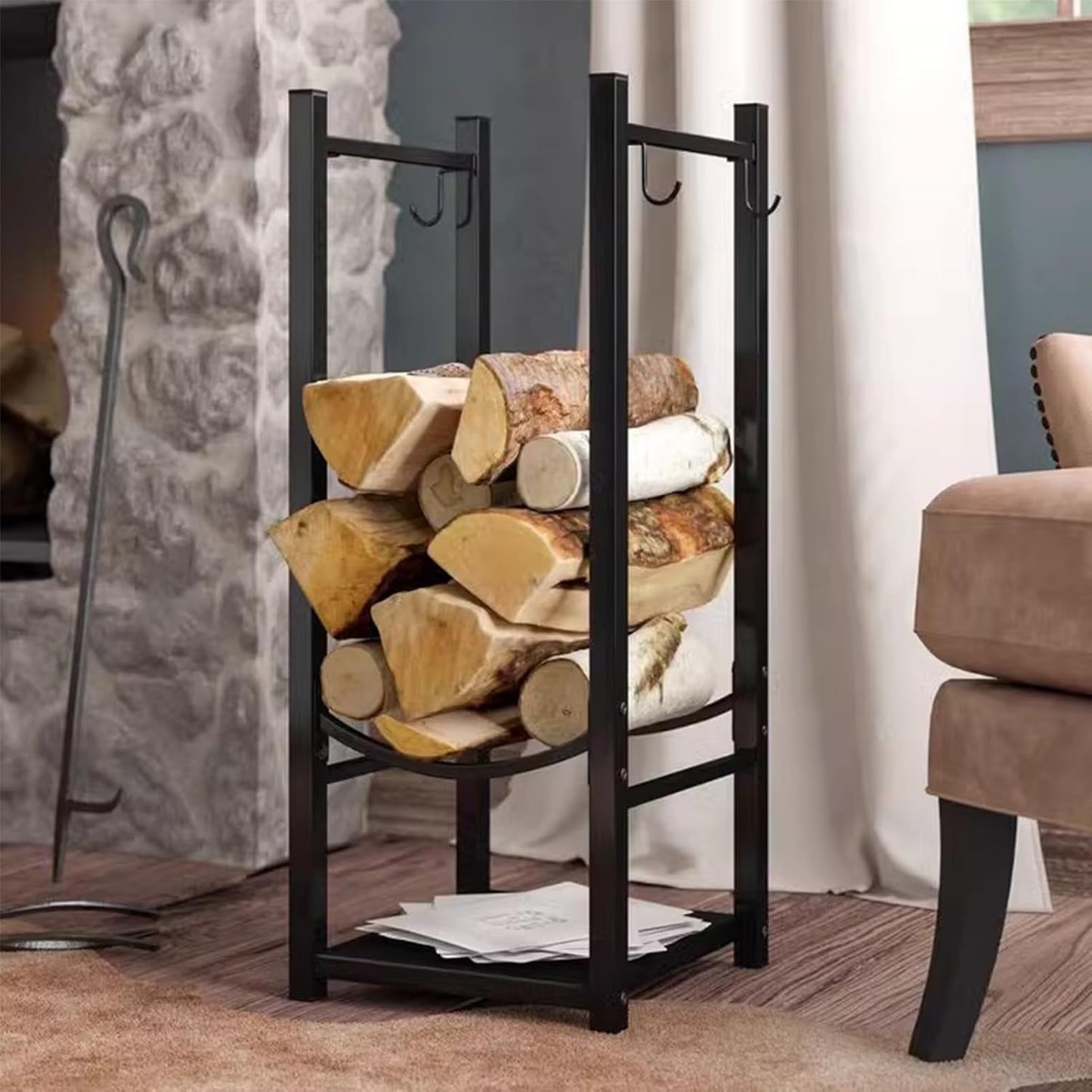 Fireplace Firewood Storage Holder 2.7ft High, Indoor Outdoor Metal Firewood Rack with 4 Hooks, Heavy Duty Stove Log Rack Lumber Stocker Racks