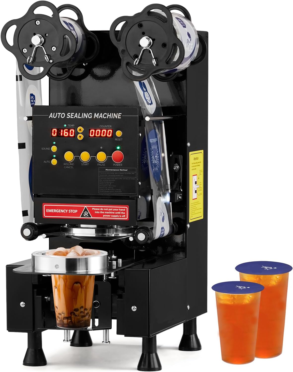 BONNLO Cup Sealing Machine,Full Automatic Cup Sealing Machine 95\/90\/89\/88mm Cup Sealer Machine,500-650 Cups\/H Digital Control LCD Panel Cup Sealer for Bubble Coffee Dessert Milk Tea Restaurant -Black