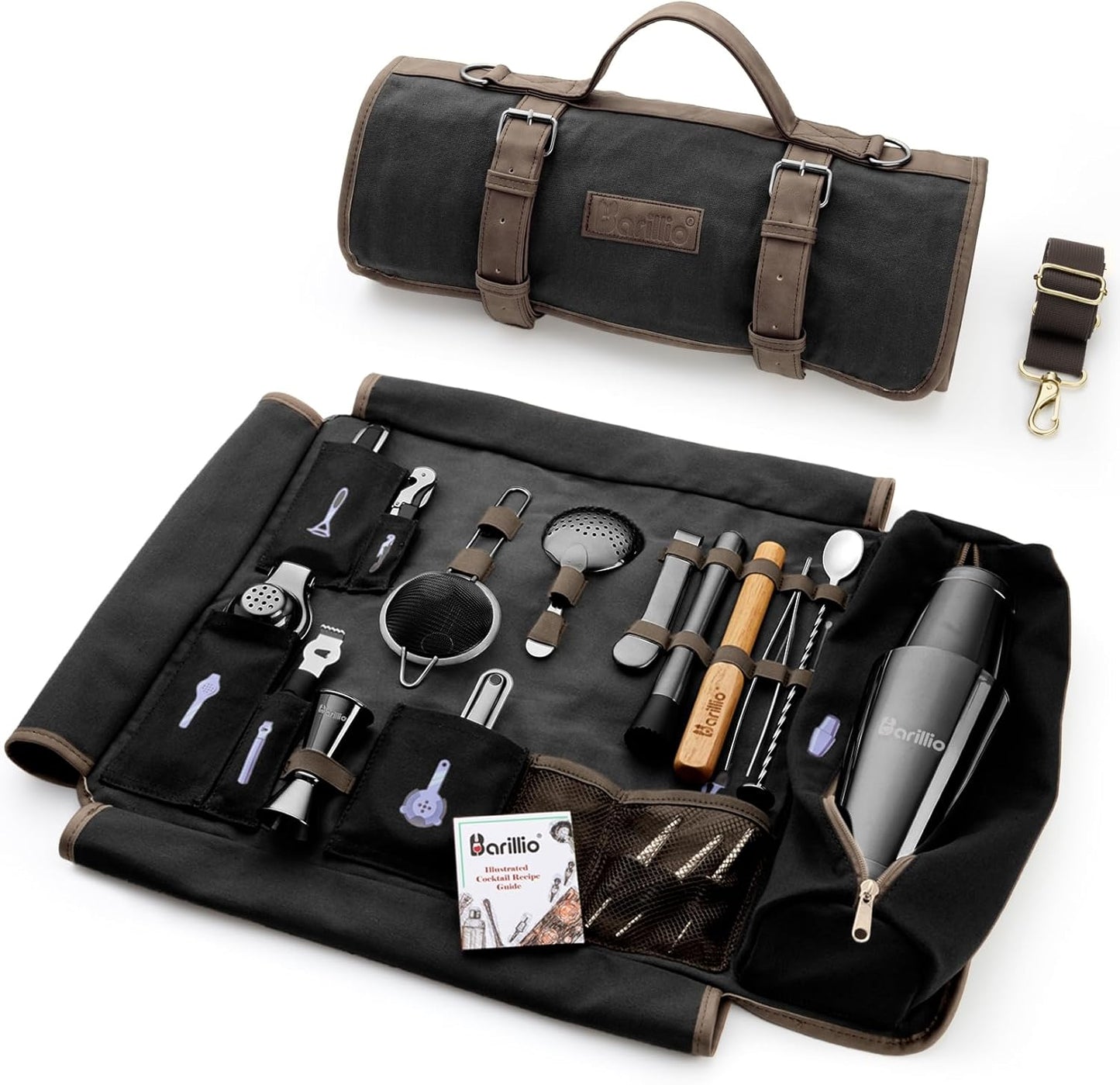 Barillio Bartender Kit Bag with Black Cocktail Shaker Set - Waxed Canvas, Traveling Bar Tools Bag with 17-Pc Cocktail Kit - Travel Mixology Bartending Kits - Mobile Bar Roll with Strap & Accessories