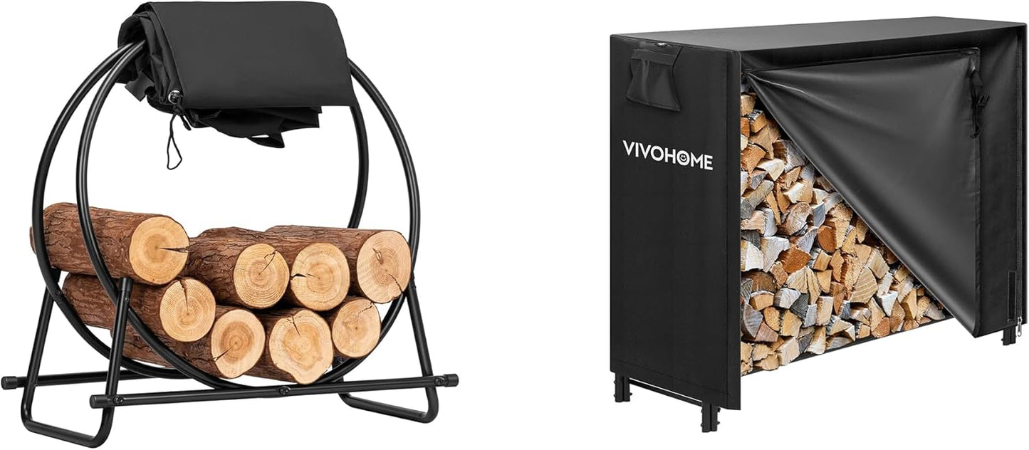 VIVOHOME 28 in Firewood Log Rack Hoop with Cover, Round Log Holder Ring for Indoor Outdoor Patio Deck Porch, with 4ft Indoor Outdoor Firewood Storage Log Rack and Cover Combo Set with Zipper