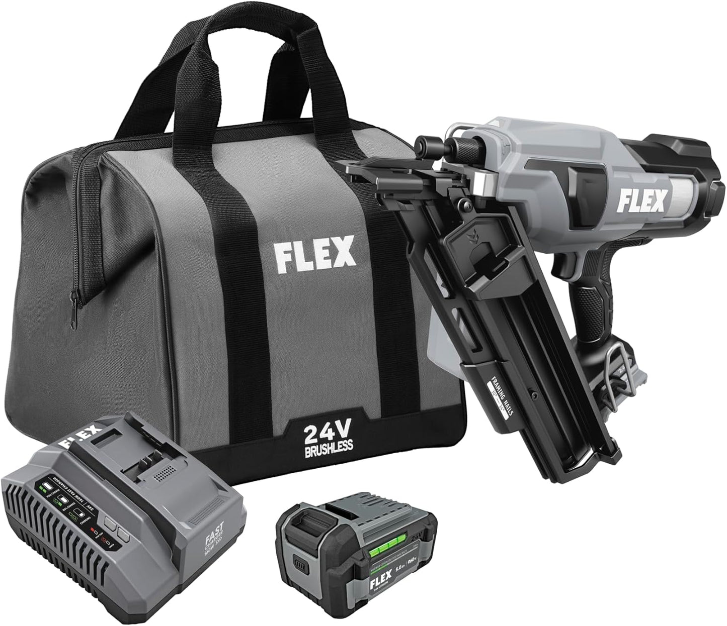 FLEX 24V Brushless 30° Framing Nailer Kit with 5.0Ah Lithium Battery and 160W Fast Charger - FX4351B-1C