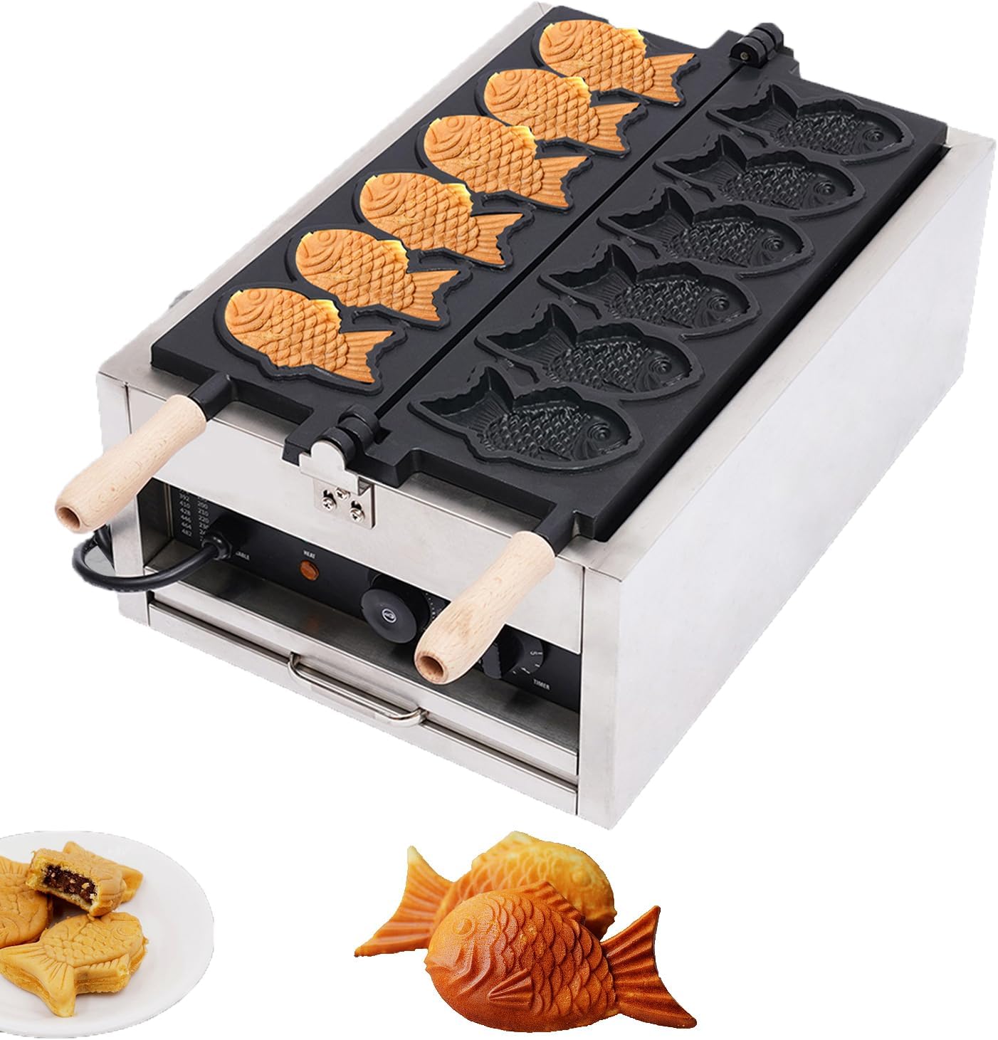 3KW Taiyaki Fish Waffle Maker,Electric Double-sided Heating Commercial Fish Waffle Maker,Adjustable Temperature 0-572℉, Non-stick Stainless Steel Waffle Iron Baker Machine for Family, Food Stores