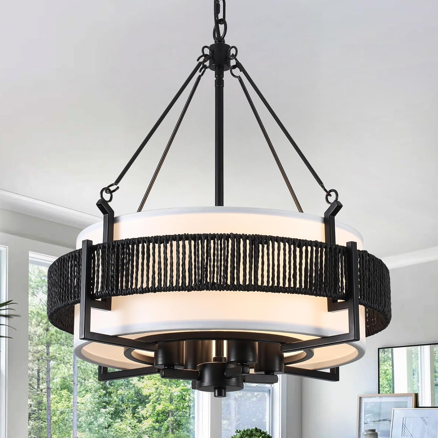 WBFDSW 18.7'' Farmhouse Rattan Chandelier,4-Light Farmhouse Boho Drum Chandeliers with Fabric Shade,Modern Black Chandelier for Dining Room, Living Room, Kitchen Island,Hallway,Foyer
