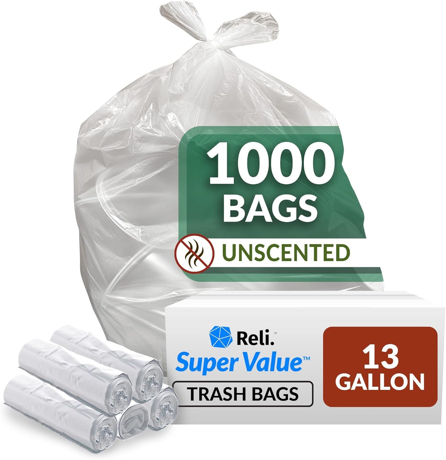 Reli. SuperValue 13 Gallon Trash Bags | 1000 Count Bulk | Tall Kitchen | Can Liners | Clear Multi-Use Garbage Bags
