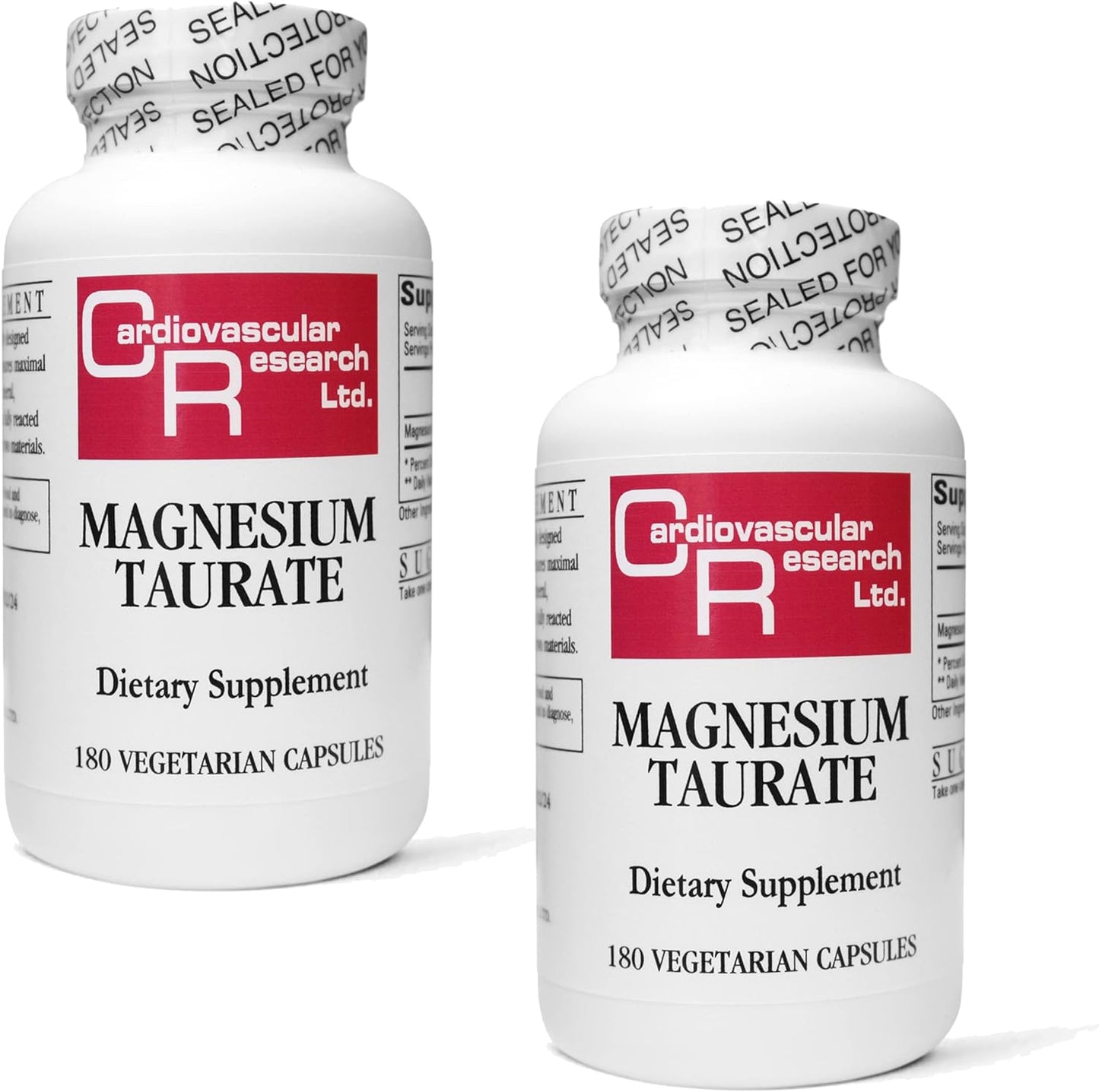 Cardiovascular Research Magnesium Taurate - 125 mg Elemental Magnesium - 180 Veggie Caps in Each Sealed Bottle - 2 Bottles - 360 Vegetarian Capsules