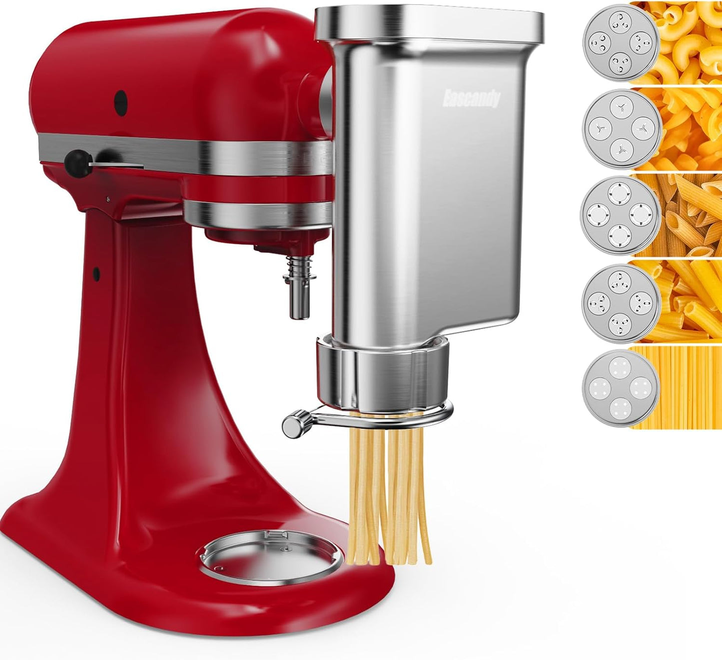 Eascandy Metal Gourmet Pasta Press Attachment for KitchenAid Stand Mixer \u2013 Durable Pasta Maker Attachment with 5 Interchangeable Plates for Spaghetti, Bucatini, Fusilli, Large & Small Macaroni