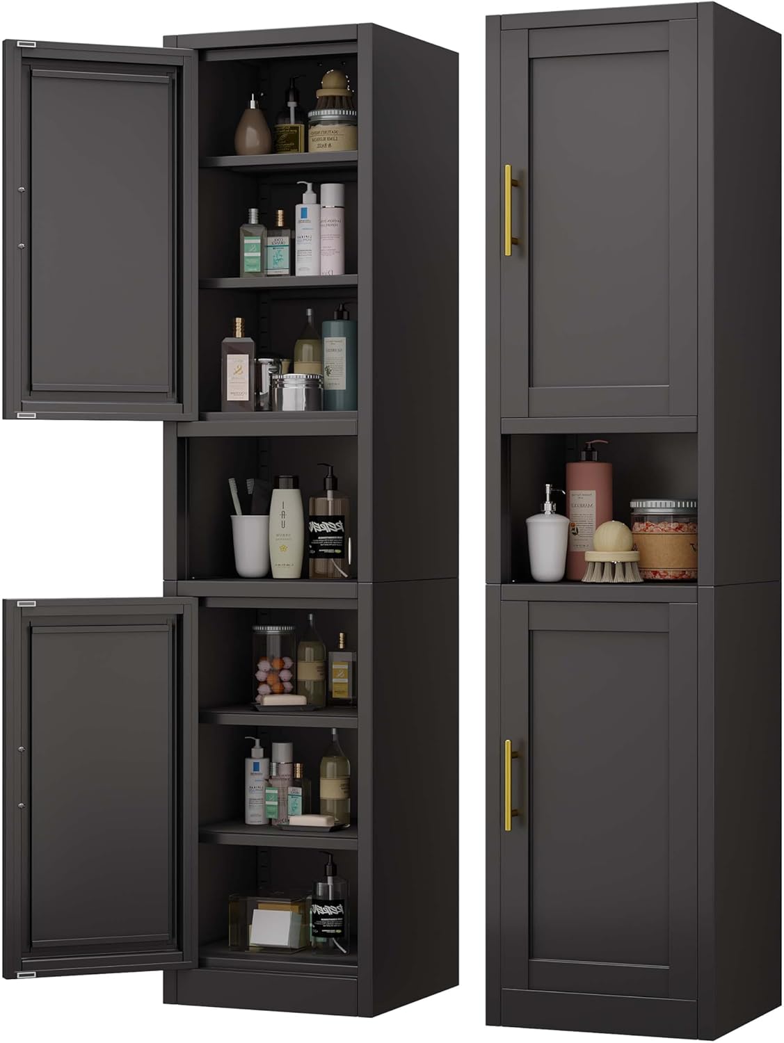 67" Tall Narrow Storage Cabinet Metal Bathroom Cabinet with 2 Doors & 4 Adjustable Shelves, Standing Pantry Cabinets Cupboard for Kitchen, Dining Room, Living Room and Bathroom (Black)