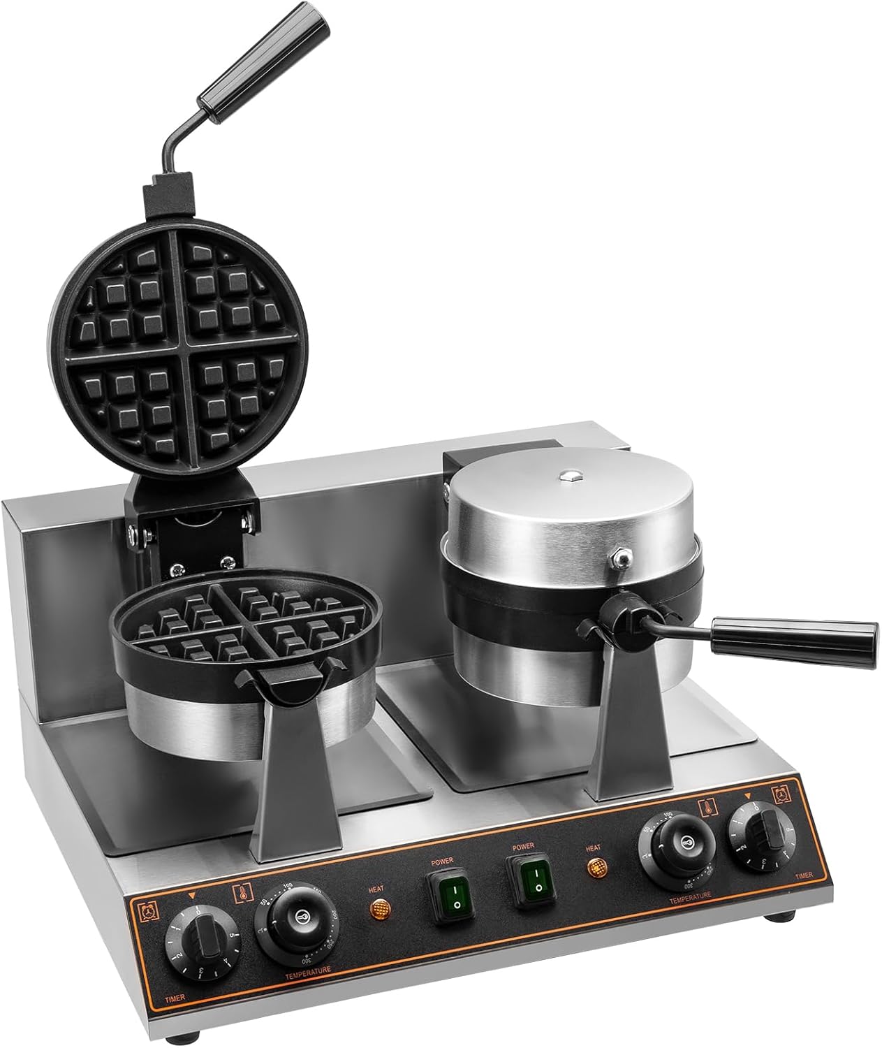 Commercial Belgian Waffle Maker Double Head Waffle Maker Machine 110V 2600W Professional Belgian Waffle Iron Non-stick Round Waffle Maker for Bakeries, Restaurant, Snack Bar