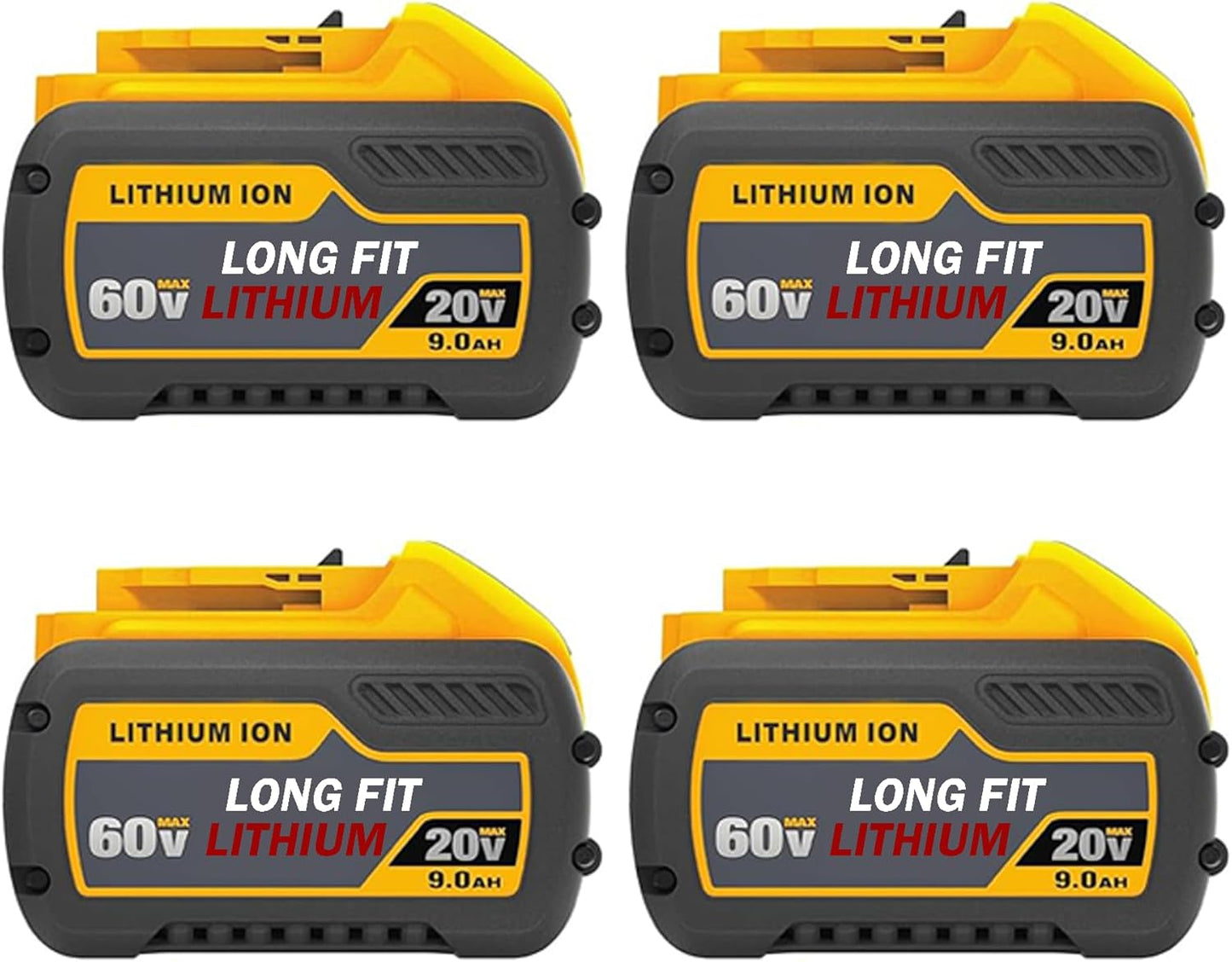 LONG FIT 4 Packs 20V\/60V 9.0AH DCB609 Replace for DeWalt Battery DCB606 DCB609 DCB612 Compatible with DeWalt 20V\/60V Power Tools and Chargers