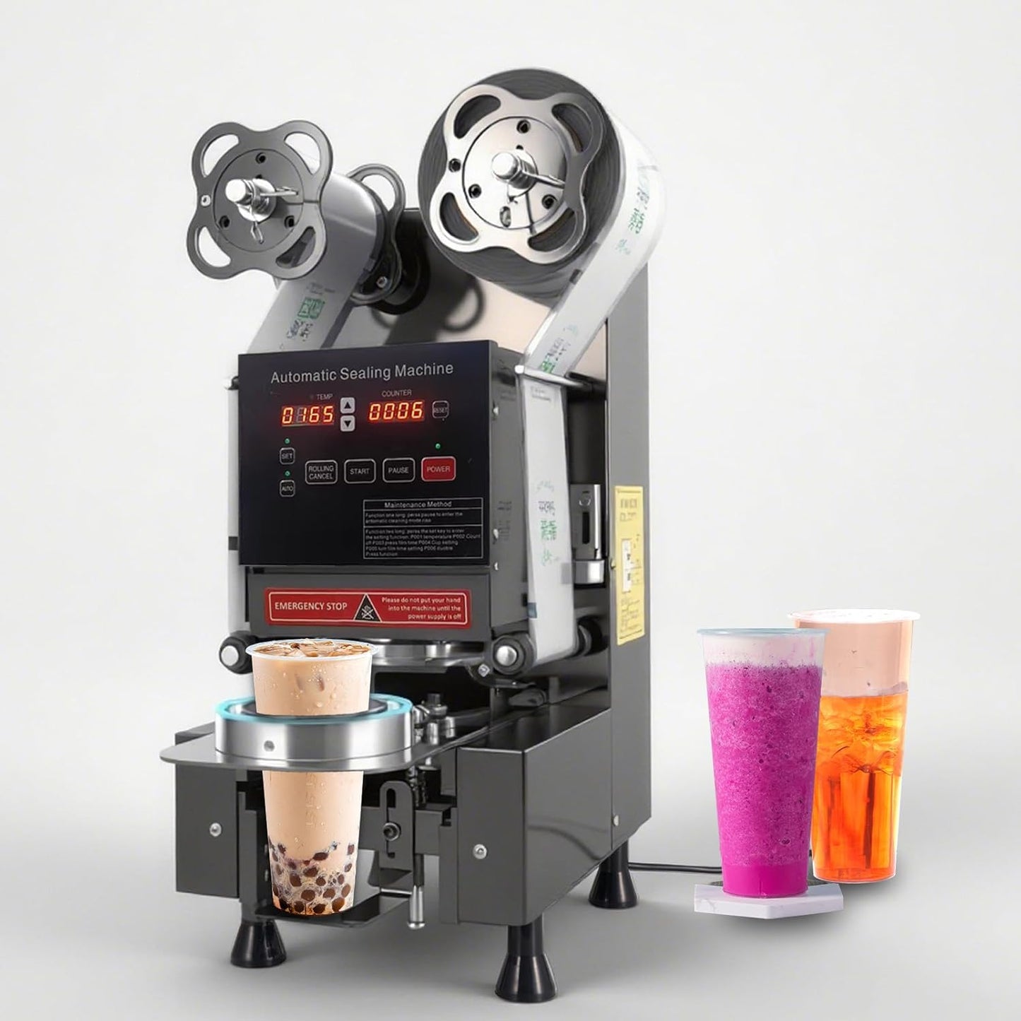 Cup Sealing Machine, Full Automatic Cup Sealer Machine 90/95mm Electric boba Cup Sealing Machine 500-650 Cups/H Digital Control LCD Panel Suitable for Bubble tea, Coffee, Drinks, Desserts