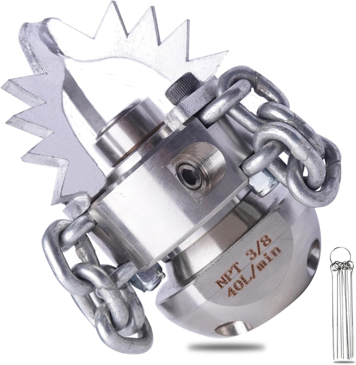 3/8 NPT Sewer Jetter Rotating Nozzle - Cutting Roots, for 2900 psi, 40L/Min (10.57GPM) Pressure Washers, Stainless Steel Drain Cleaning Tool, For household sewers, commercial pipelines