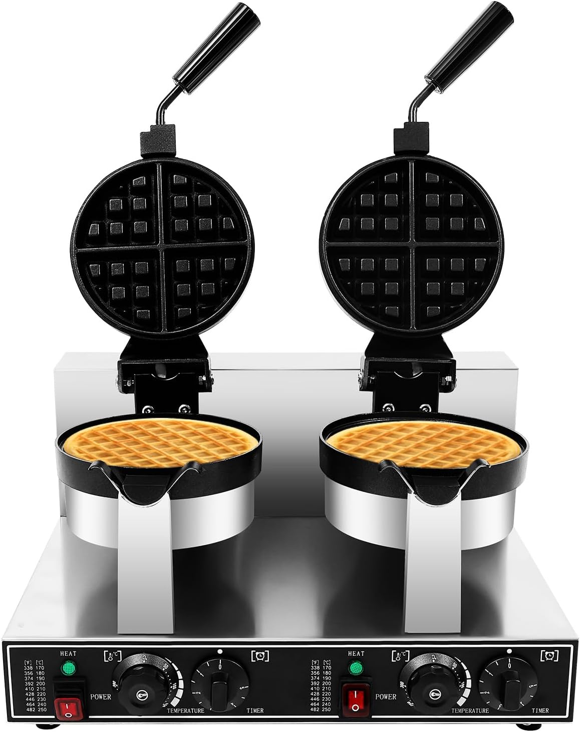 Commercial Belgian Waffle Maker Dual Head 2400w with Rotating Non-Stick Plates, Time & Temperature Control for Restaurant Bakery Snack Bar Family Breakfast