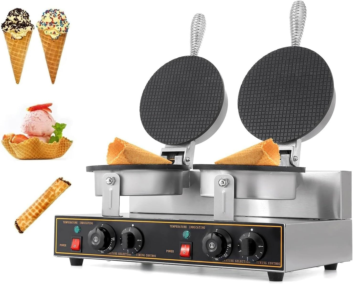 Commercial Ice Cream Cone Maker - 1200W Double Head Waffle Cone & Egg Roll Machine with Smart Temp & Time Control, Stainless Steel, Nonstick Mold for Home & Restaurant Use