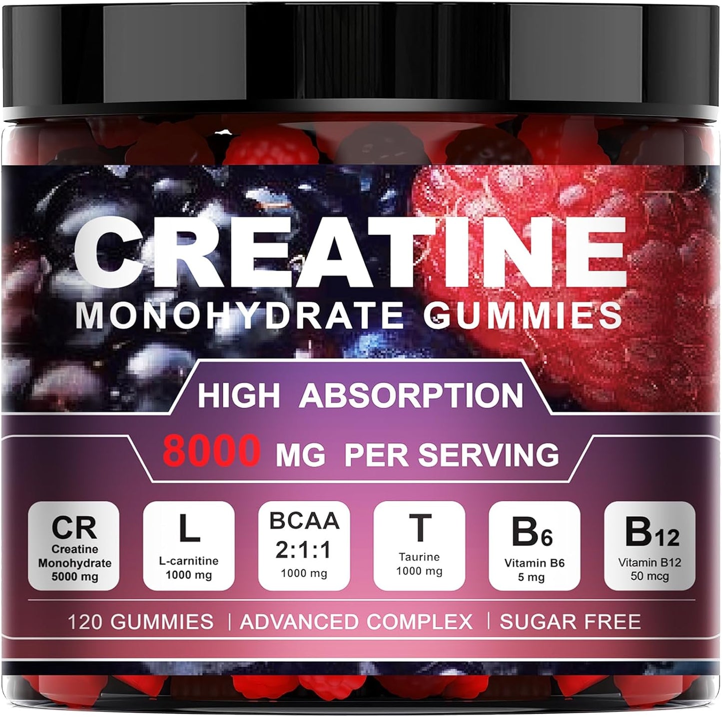 Creatine Monohydrate Gummies Complex 8000 MG for Men & Women, Preworkout Gummy with BCAA, L-Carnitine, Taurine & Vitamin B12 for Muscle Growth, Strength & Energy Support, Flavored and Chewable