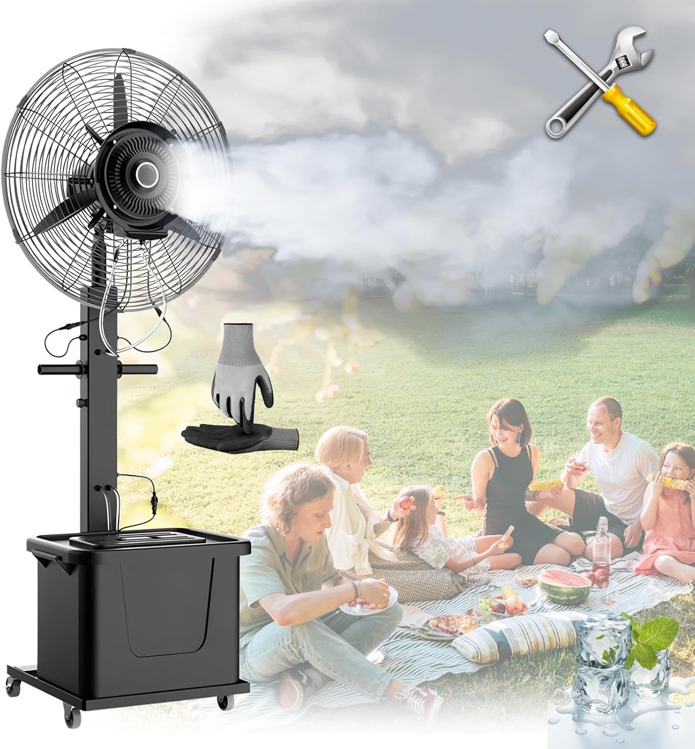 Outdoor 26" Misting Fan, Heavy Duty Misting Fans For Outside, Up To 5-15 Ft Cooling Mist, 2-in-1 Floor Mounted Fan Mister For Warehouse Workshop Factory Commercial Greenhouse(Liftable,750)