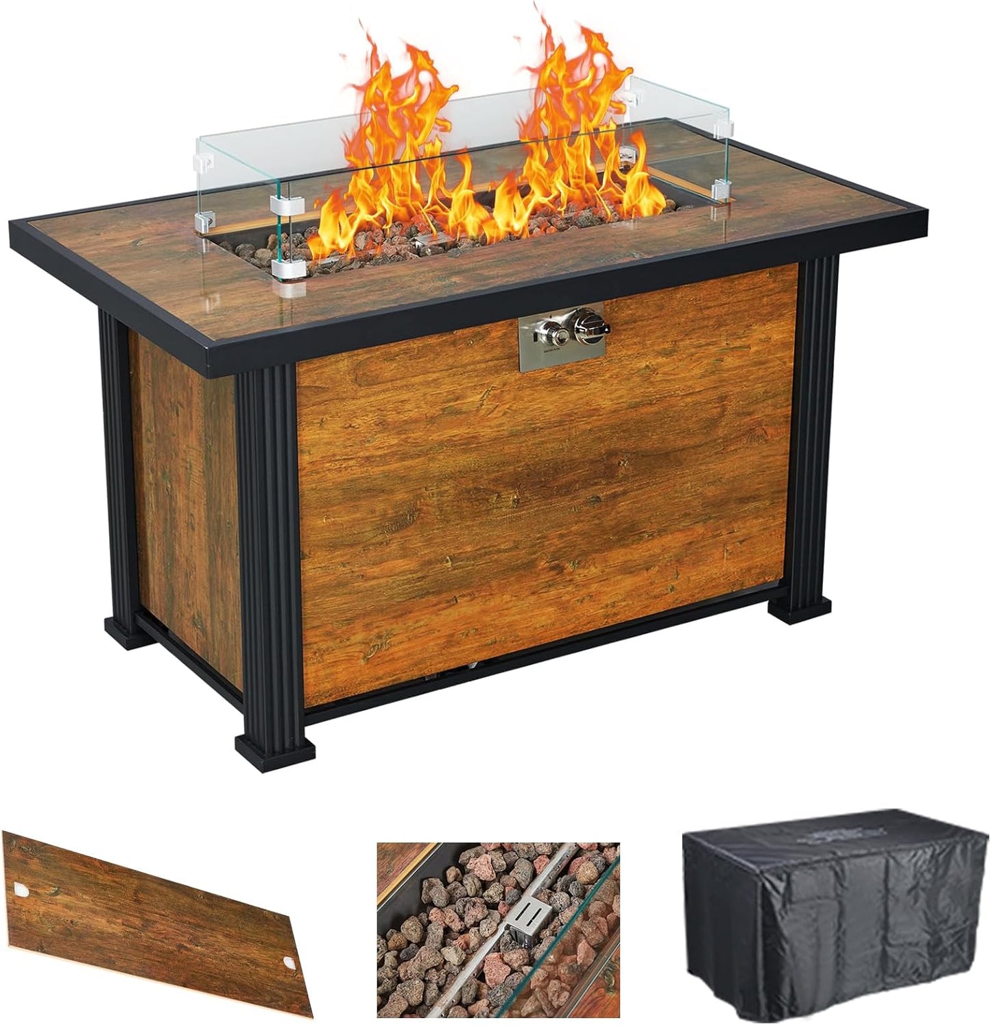 GarveeLife 44 in Gas Fire Pit Square Table, 50,000 BTU Propane Fire Table with Tempered Glass Wind Gaurd, Pulse Switch, Rain Cover, for Foolside, Lawn, Outside Garden, Thermal Transfer Woodgrain