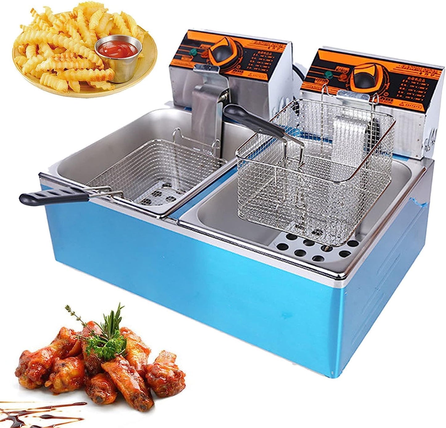 Electric Stainless Steel Deep Fryer Commercial Deep Fryer With Basket & Lid, 5.5 Litre 11 Litre Easy Clean, Electric Countertop Fryers, Air Fryer For Home And Commercial Stainless Cylinder(Double)