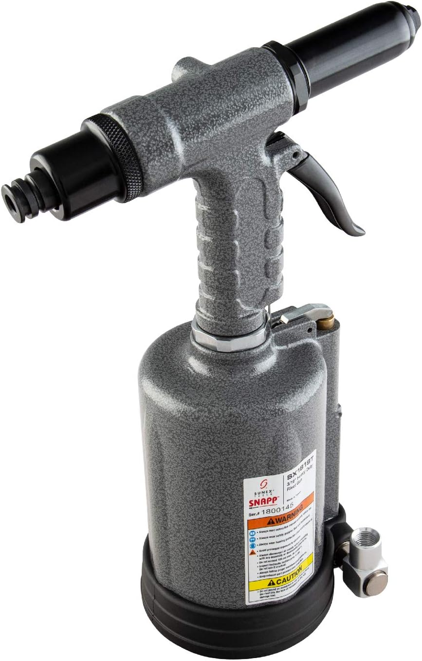 SUNEX TOOLS SX1819T, Heavy Duty Rivet Gun, Sets 3\/16\u201D and ¼\u201D Rivets, 3690 lbs Traction Power, Nose Pieces Included, Forged Aluminum Handle, Storage Case
