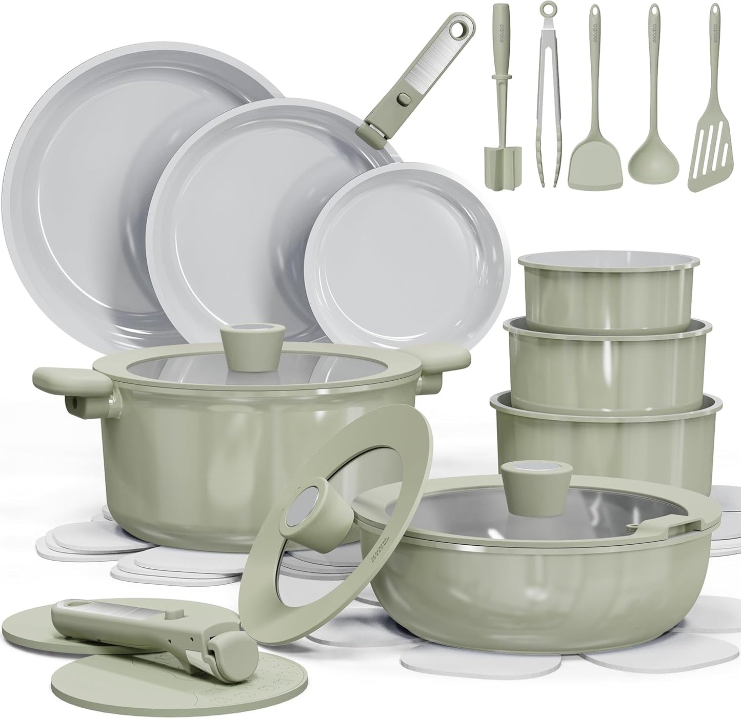 CAROTE 27pcs Ceramic Cookware Set Nonstick, Pots and Pans Set Non stick, Non Toxic Cookware, Dishwasher\/Oven Safe, RV\/Camping Cookware Set, Pan and Pot with Kitchen Utensils, Green